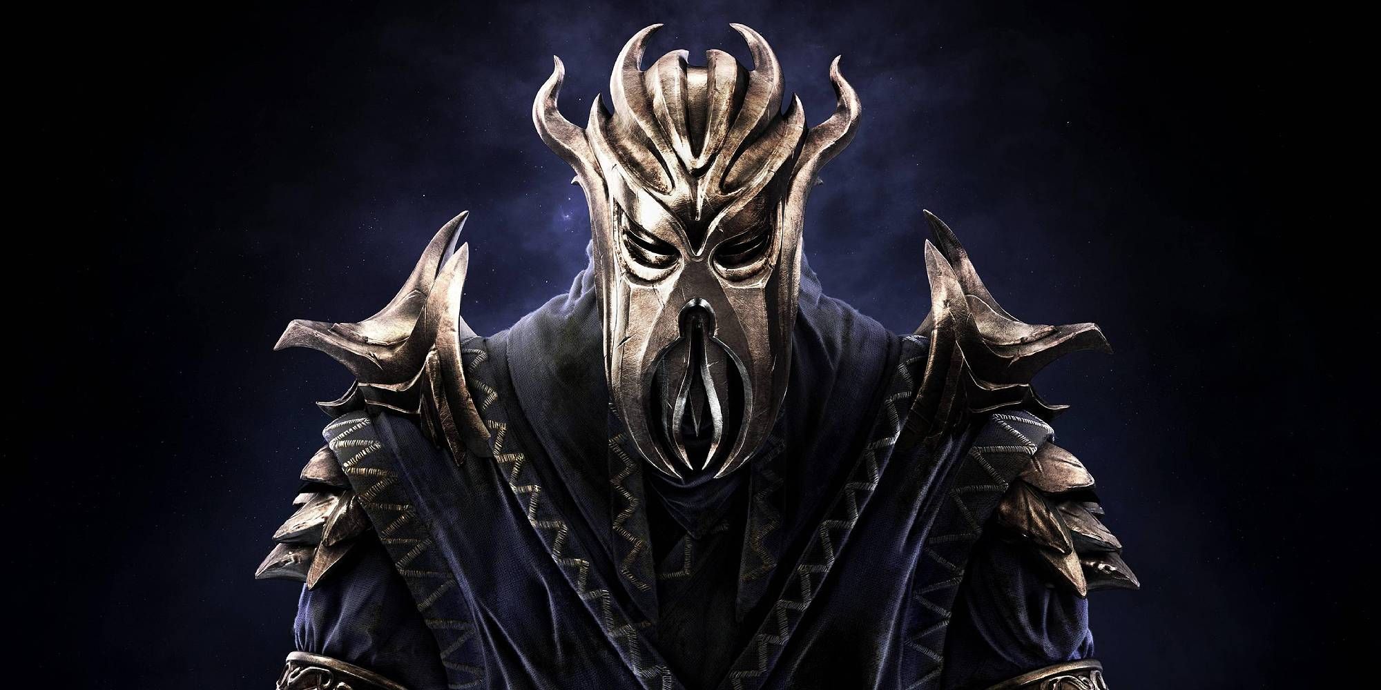 Miraak wearing his armour and signature golden mask.