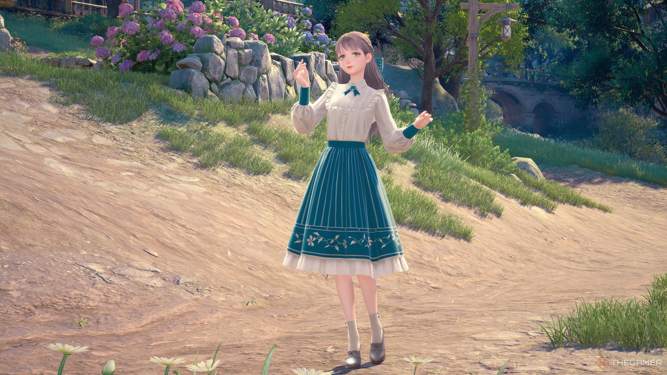 Nikki standing on a dirt path in the Beautiful Day outfit with a smile.