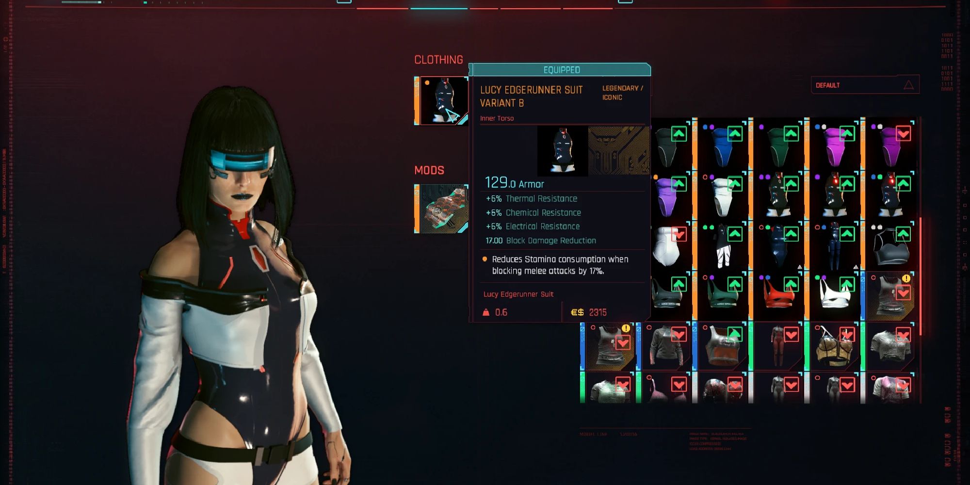 Inventory screen showing V decked out in Lucy's suit from Edgerunners.