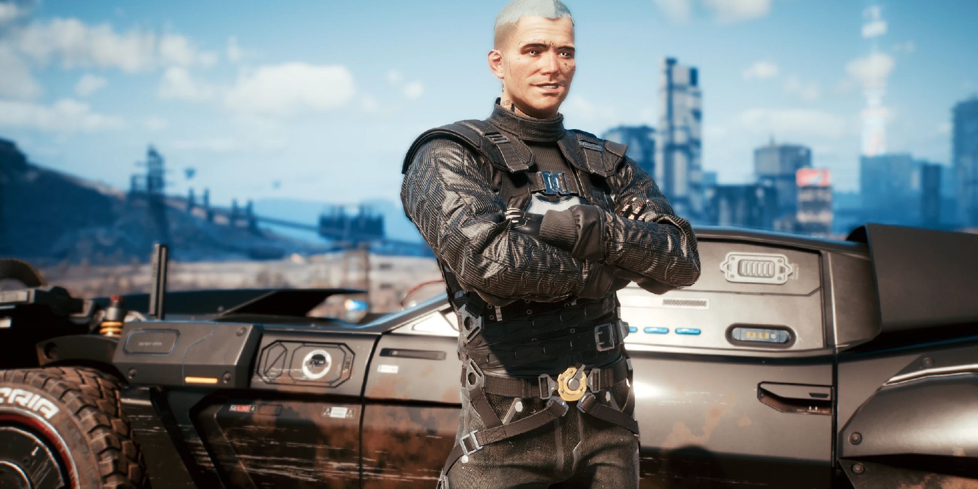 A male V wearing the modded outfit, standing in front of a car with his arms folded.