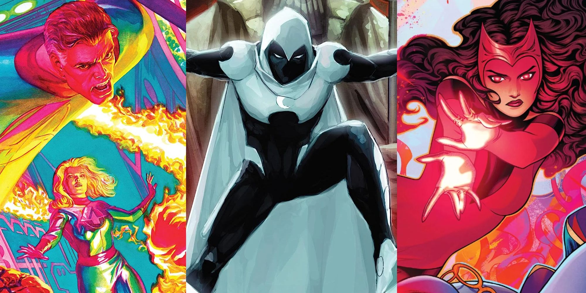 Richards and the Storm twins in a comic cover; Moon Knight in a comic cover; Wanda in a comic cover