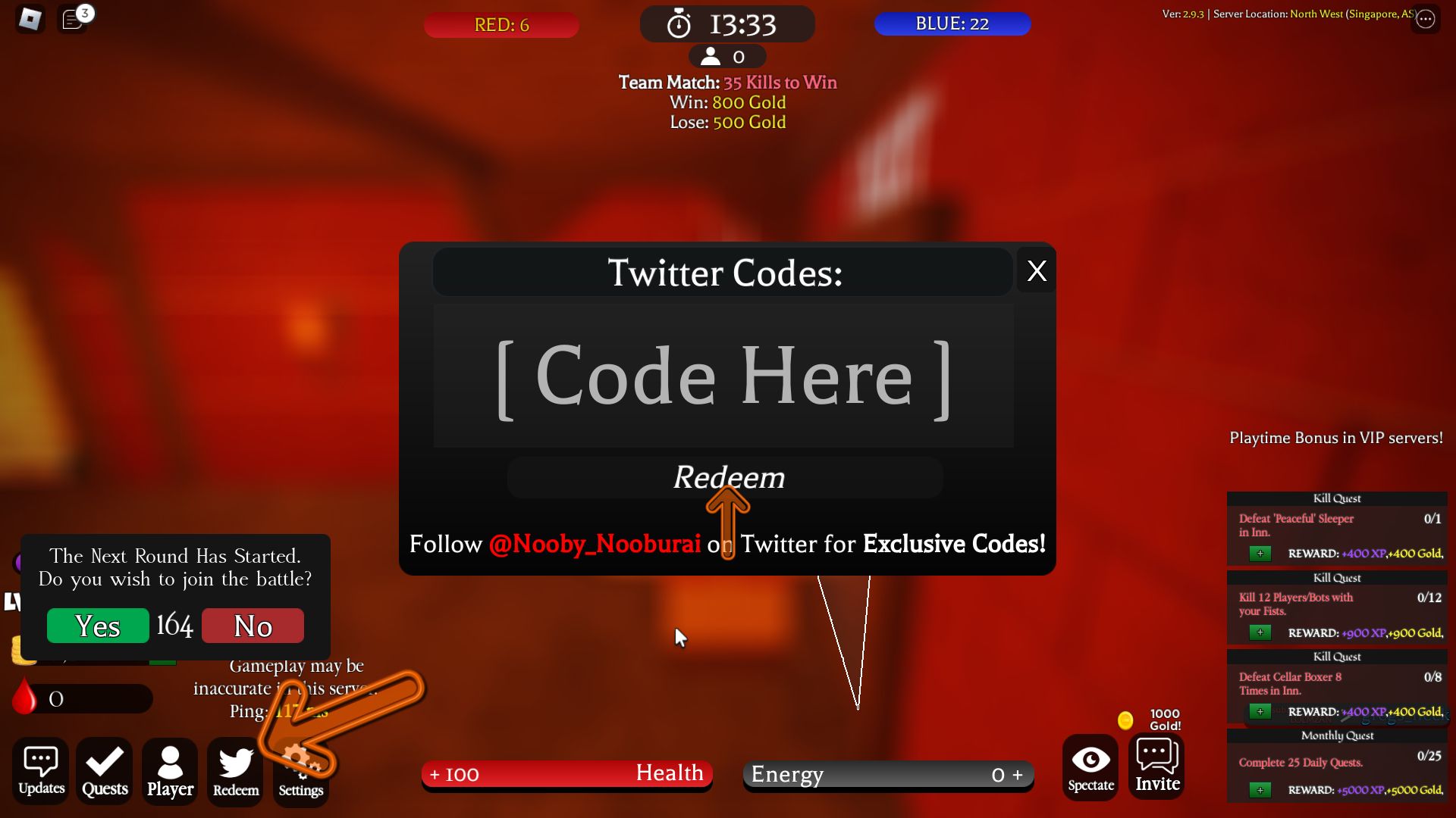 where to redeem codes on Call of Chivalry on Roblox