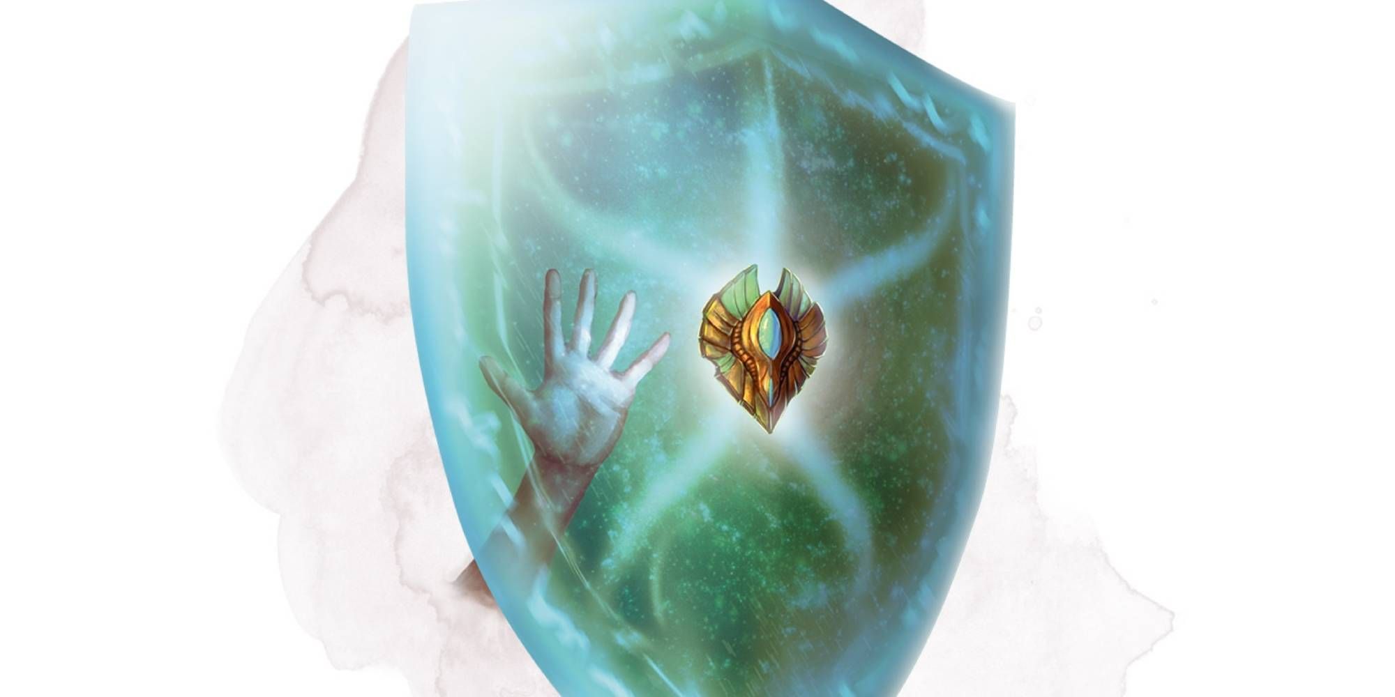 Dungeons & Dragons art of a glowing shield that has a hand reaching out towards it.