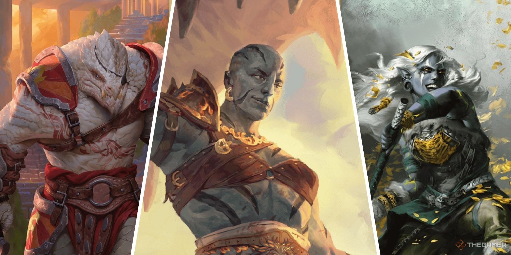 Dungeons & Dragons image showing a dragonborn, goliath and drow barbarians.