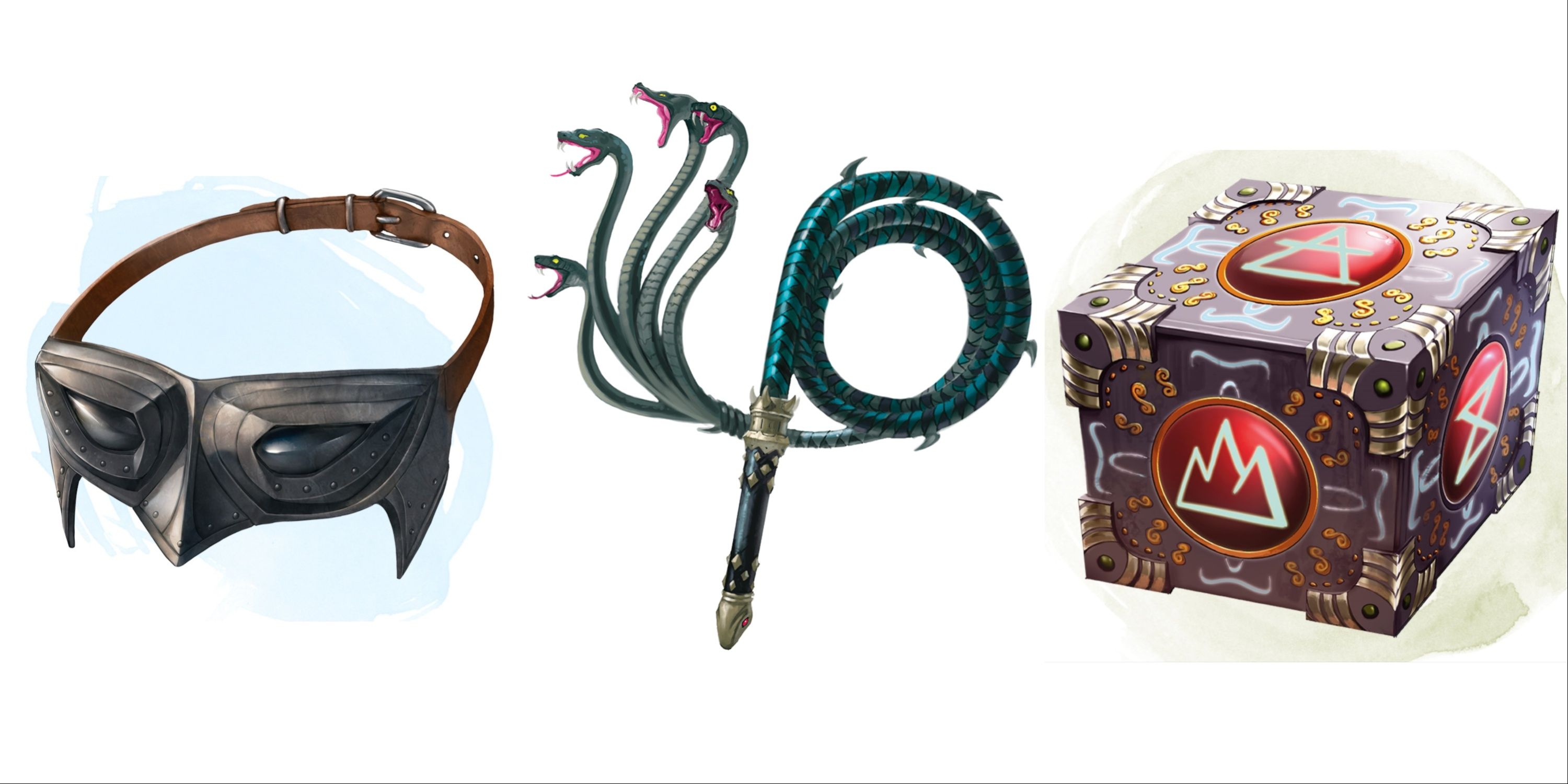 A collage of magic items from Dungeons & Dragons. From left to right is a pair of eagle themed goggles, a whip topped by five hissing snake heads, and a cube marked with magical symbols.