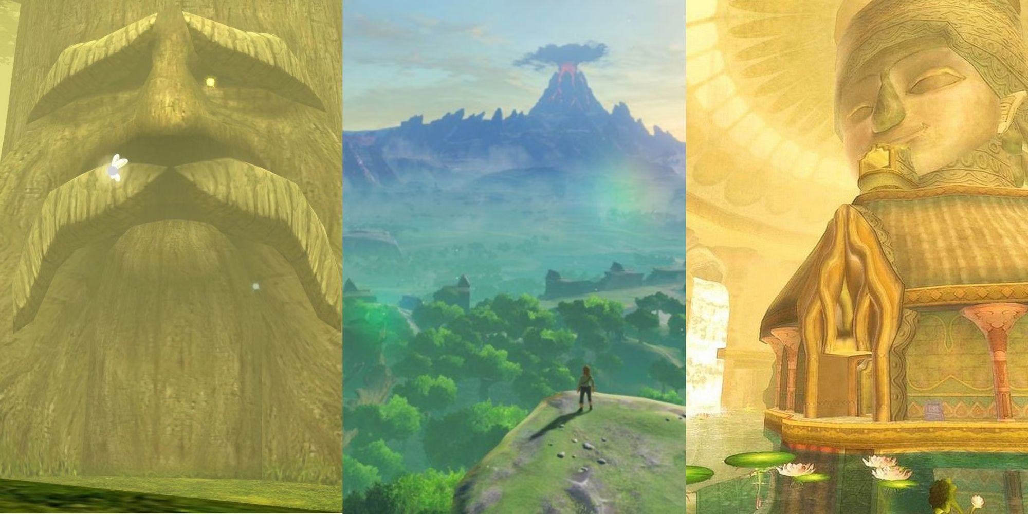 The Great Deku Tree from Ocarina of Time, Link staring out over Hyrule in Breath of the Wild, and a small lake and golden head in the Ancient Cisternin Skyward Sword