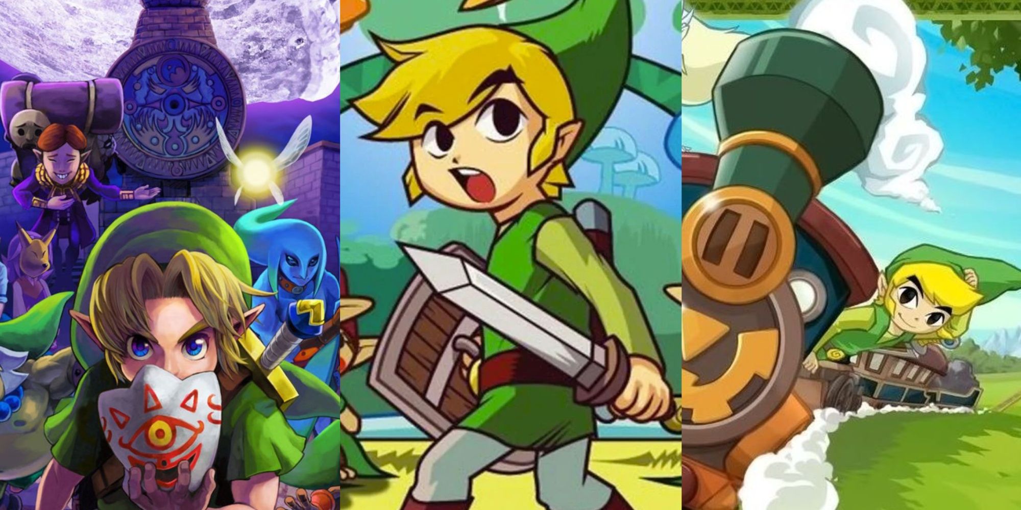 Split image of Link in Majora's Mask, The Minish Cap, and Spirit Tracks official art.