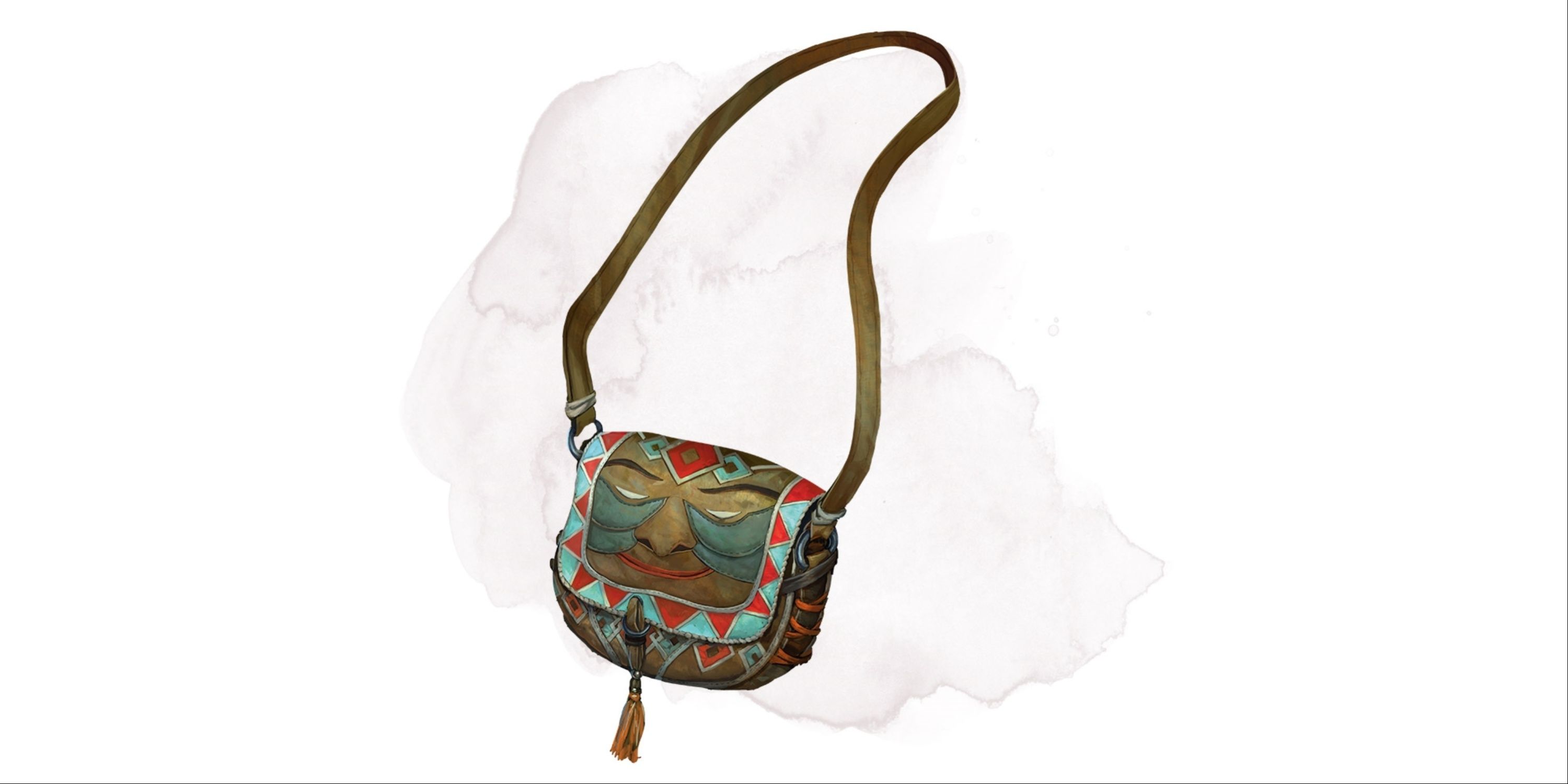 A leather satchel in brown, teal and red with the design of a face stitched onto the flap.