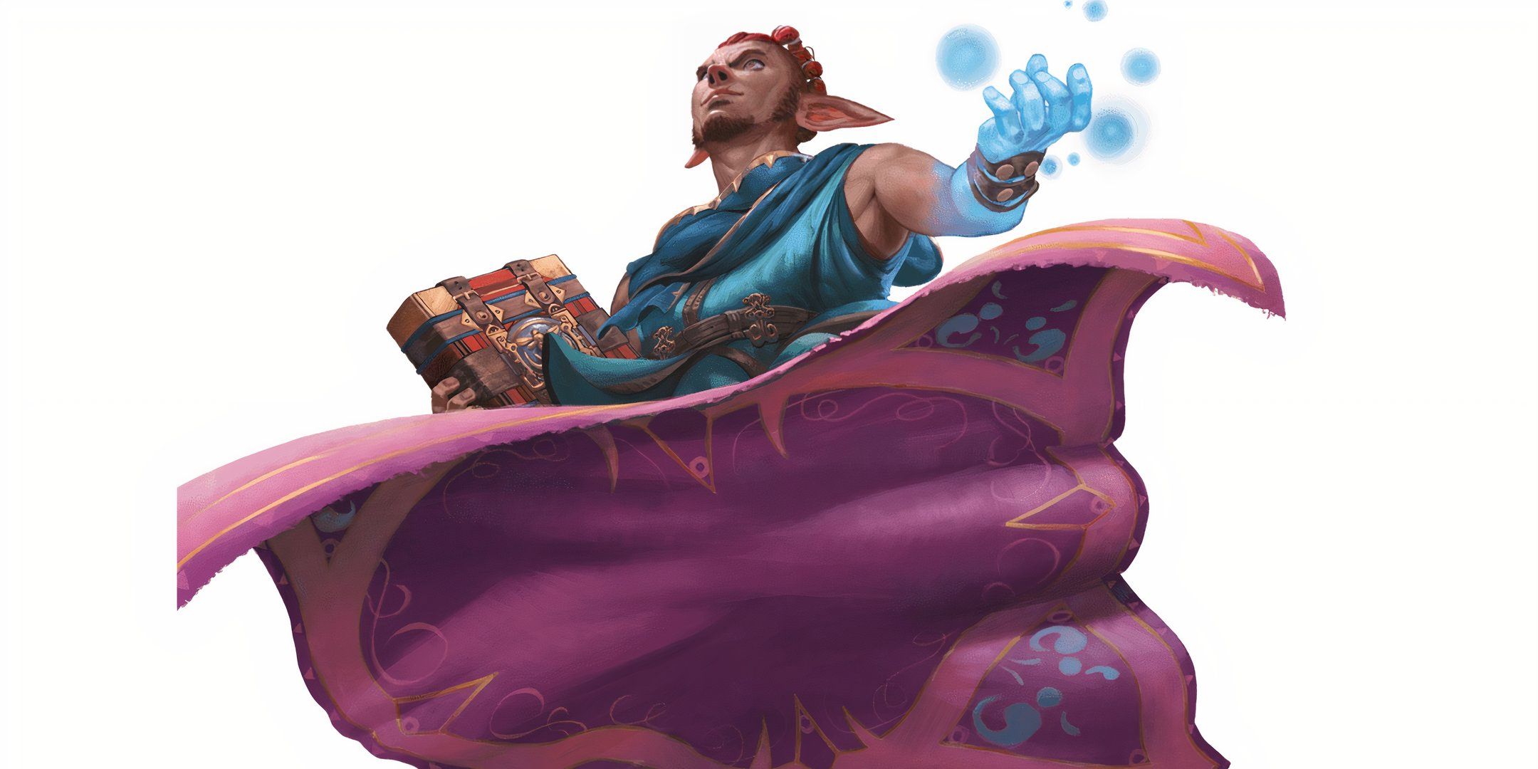 A magic user flying on a purple magic carpet in Dungeons & Dragons. 