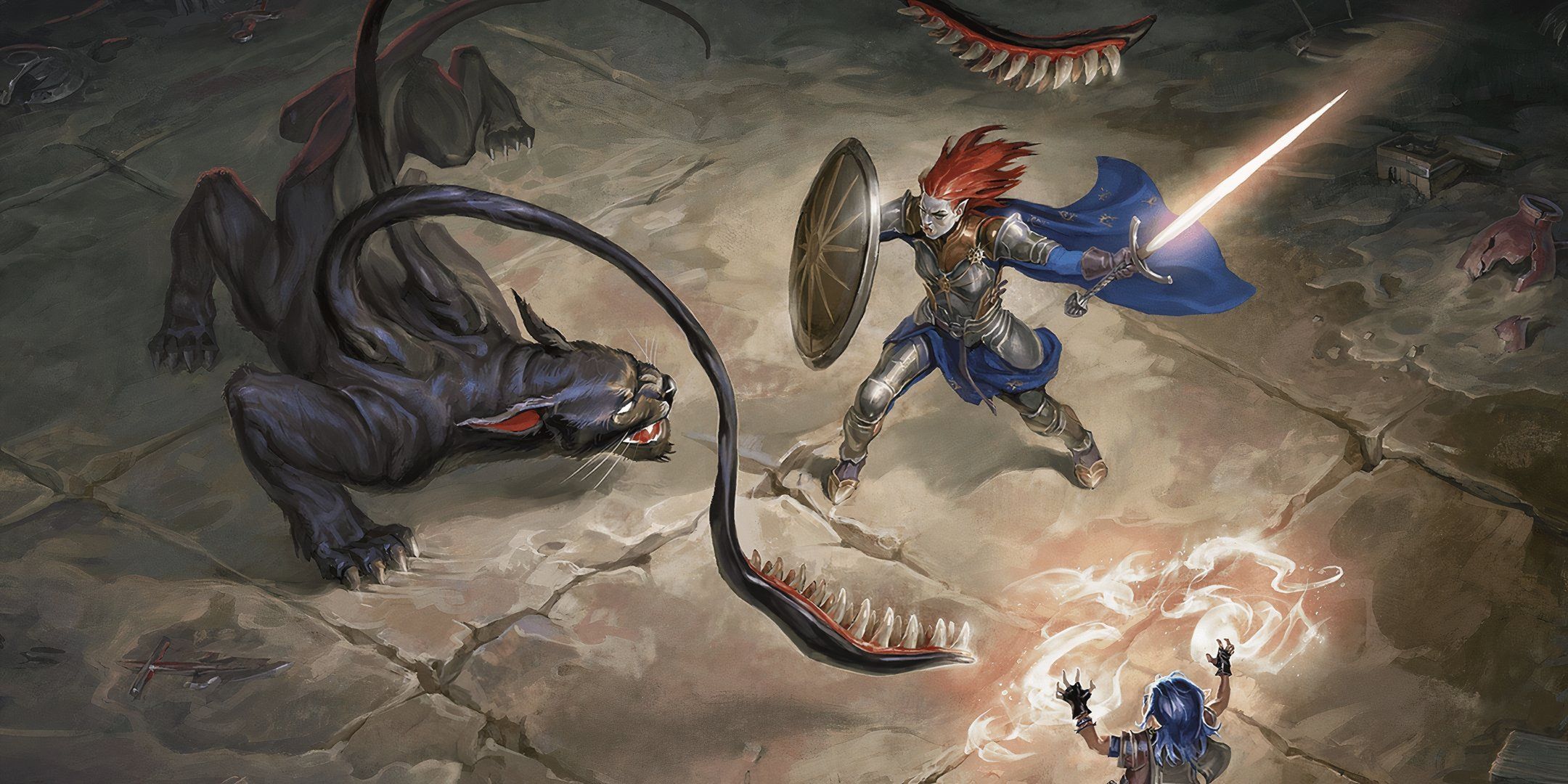 A displacer beast squares off against two player characters in Dungeons & Dragons.