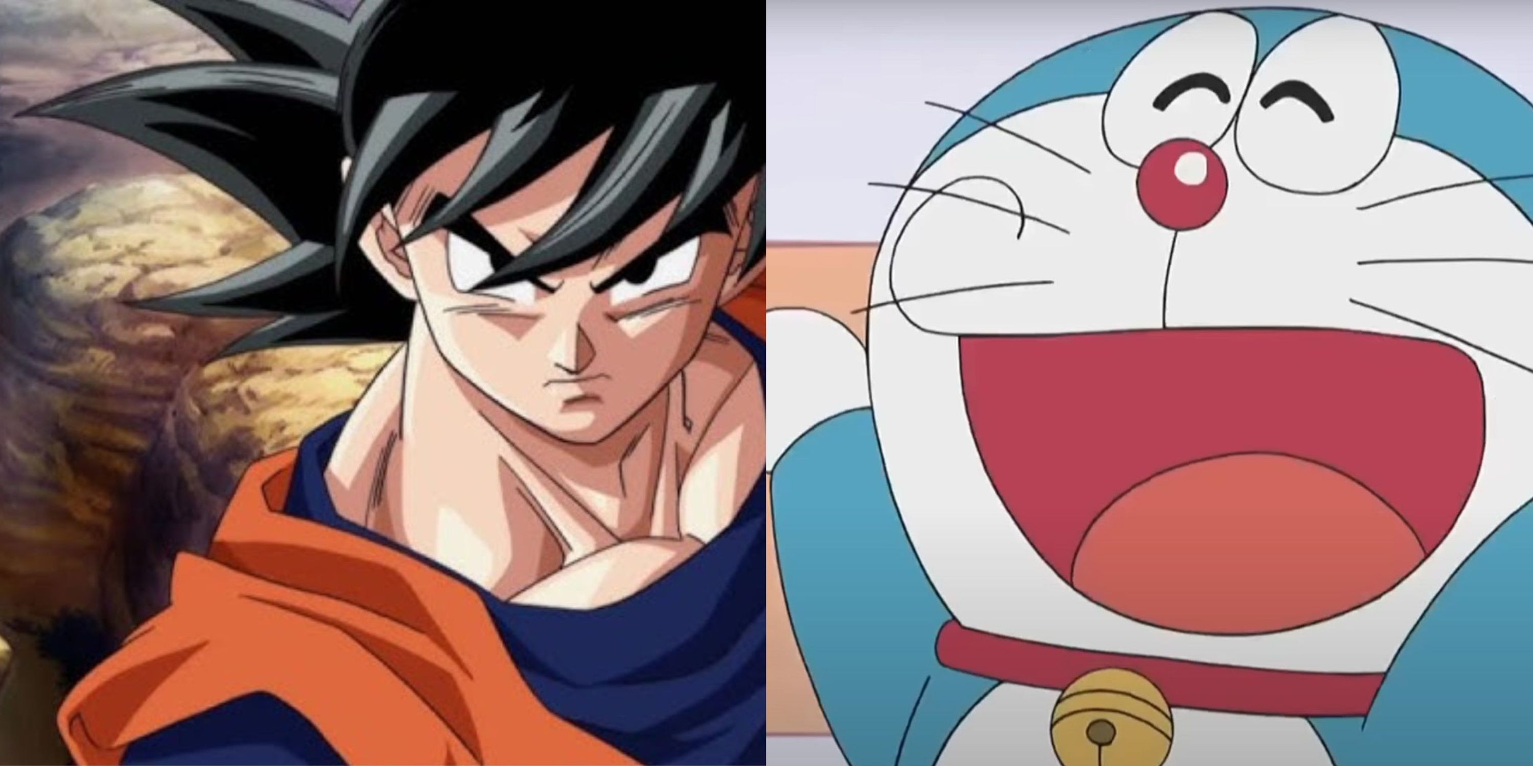 A collage of Son Goku (left) and Doraemon (right).