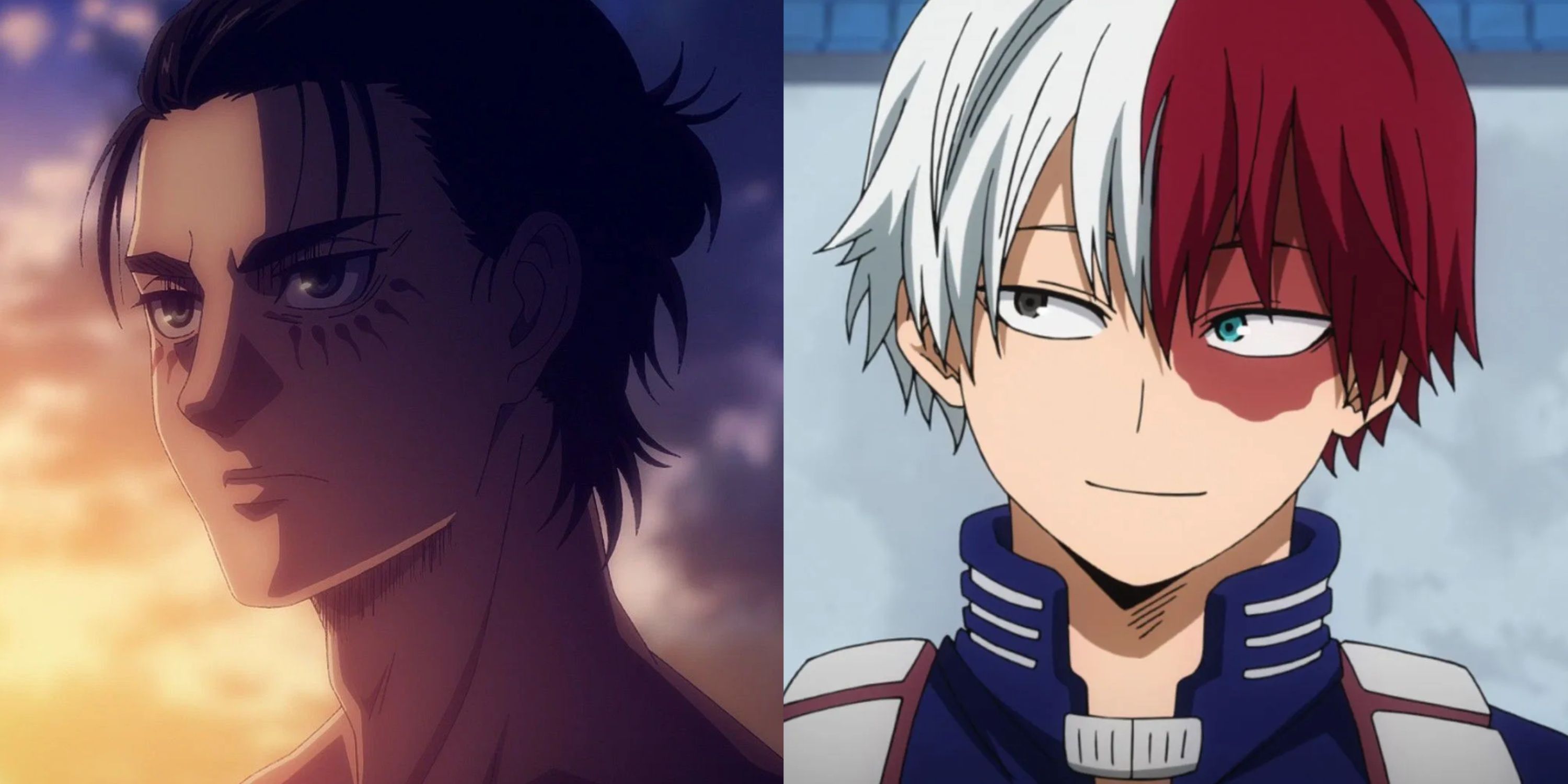 Eren Jaeger appears grave (left); Todoroki Shouto smiles kindly (right).