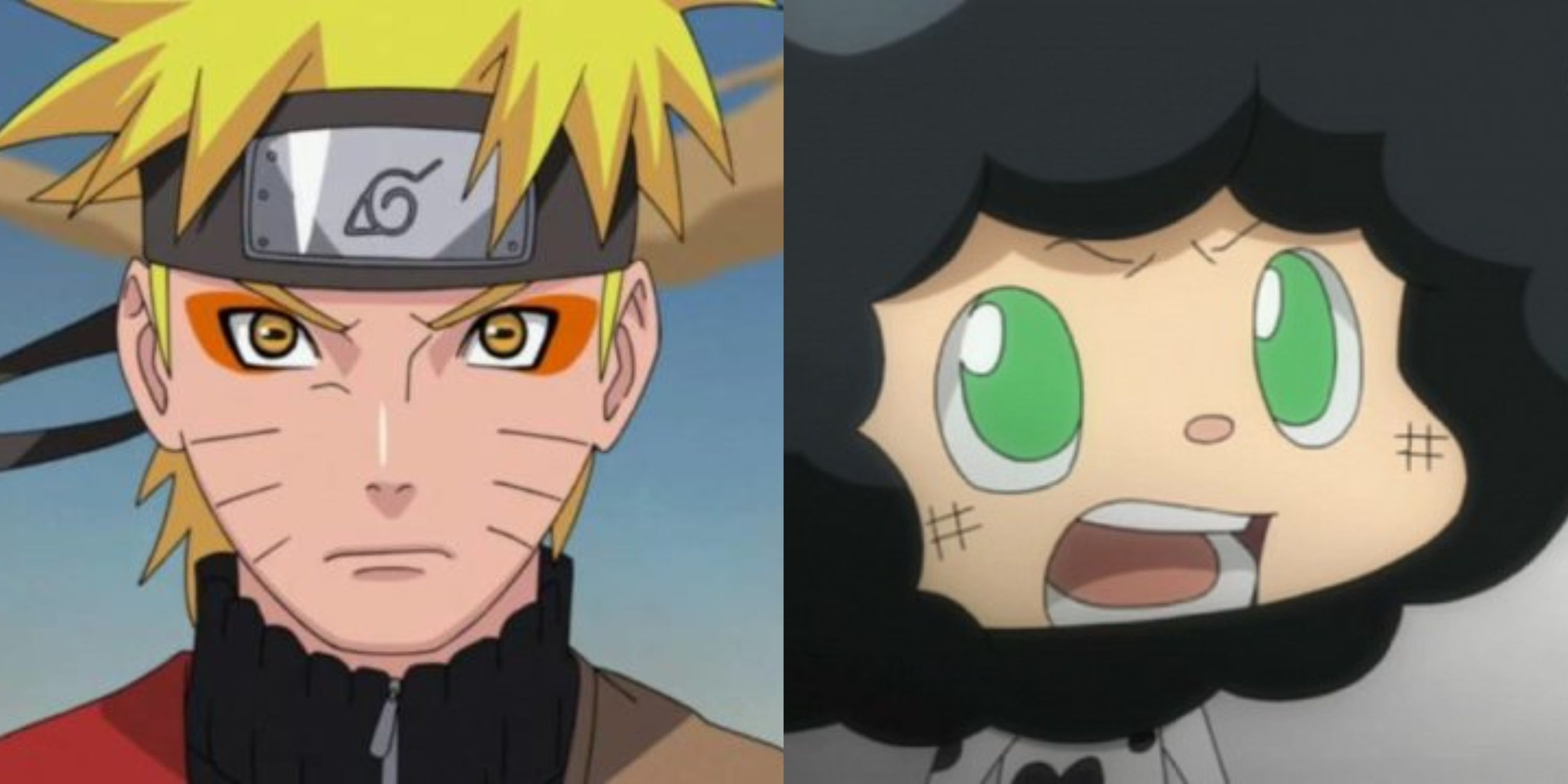 A collage of Naruto Uzumaki (left) and Lambo (right).