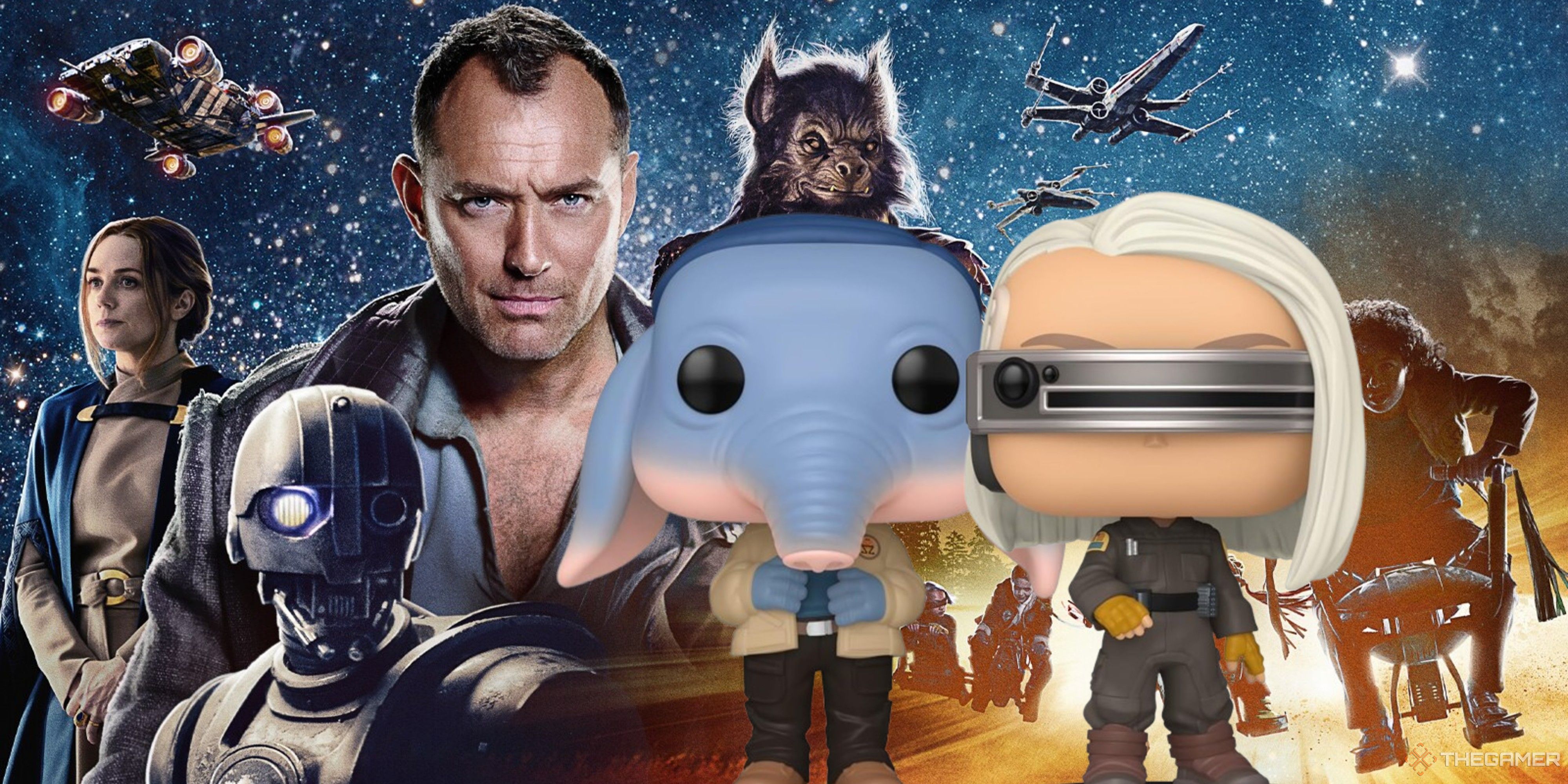 neel and kb funko pops on a star wars skeleton crew background.