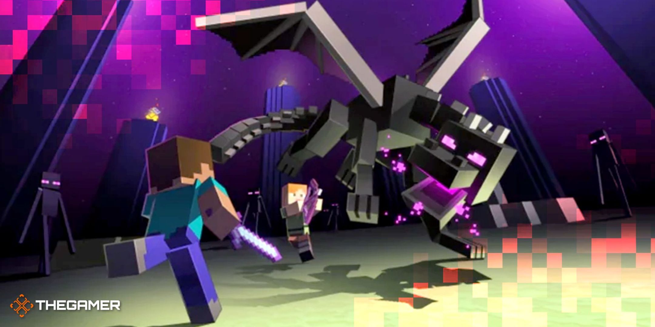 Steve and his companions battle the Ender Dragon and a horde of Endermen in Minecraft.