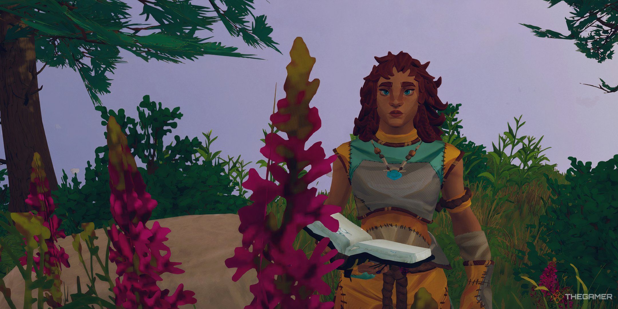 A character reading the Field Guide while standing in the flowers in Aloft.