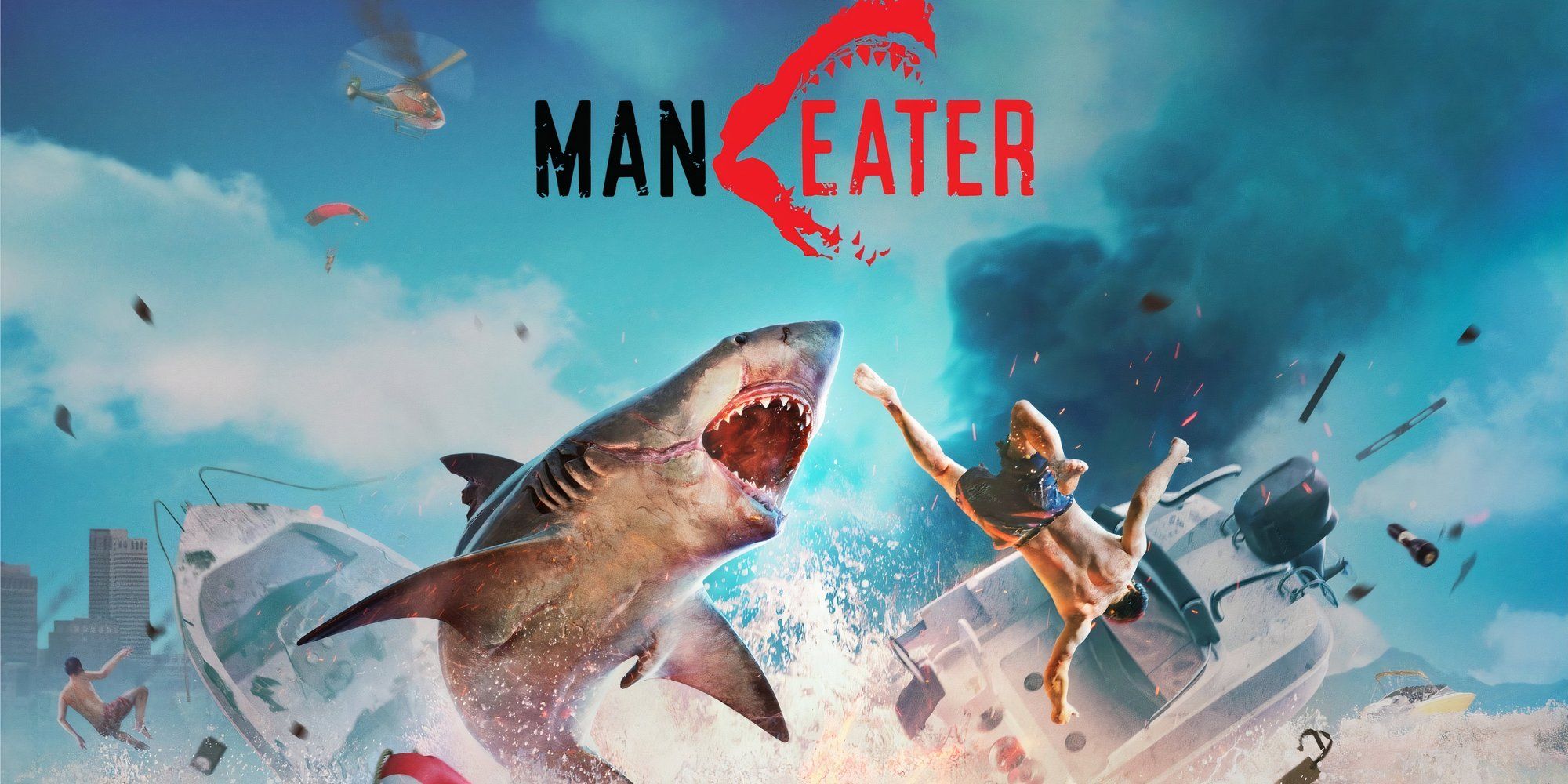 Promo art featuring a shark attack in Maneater