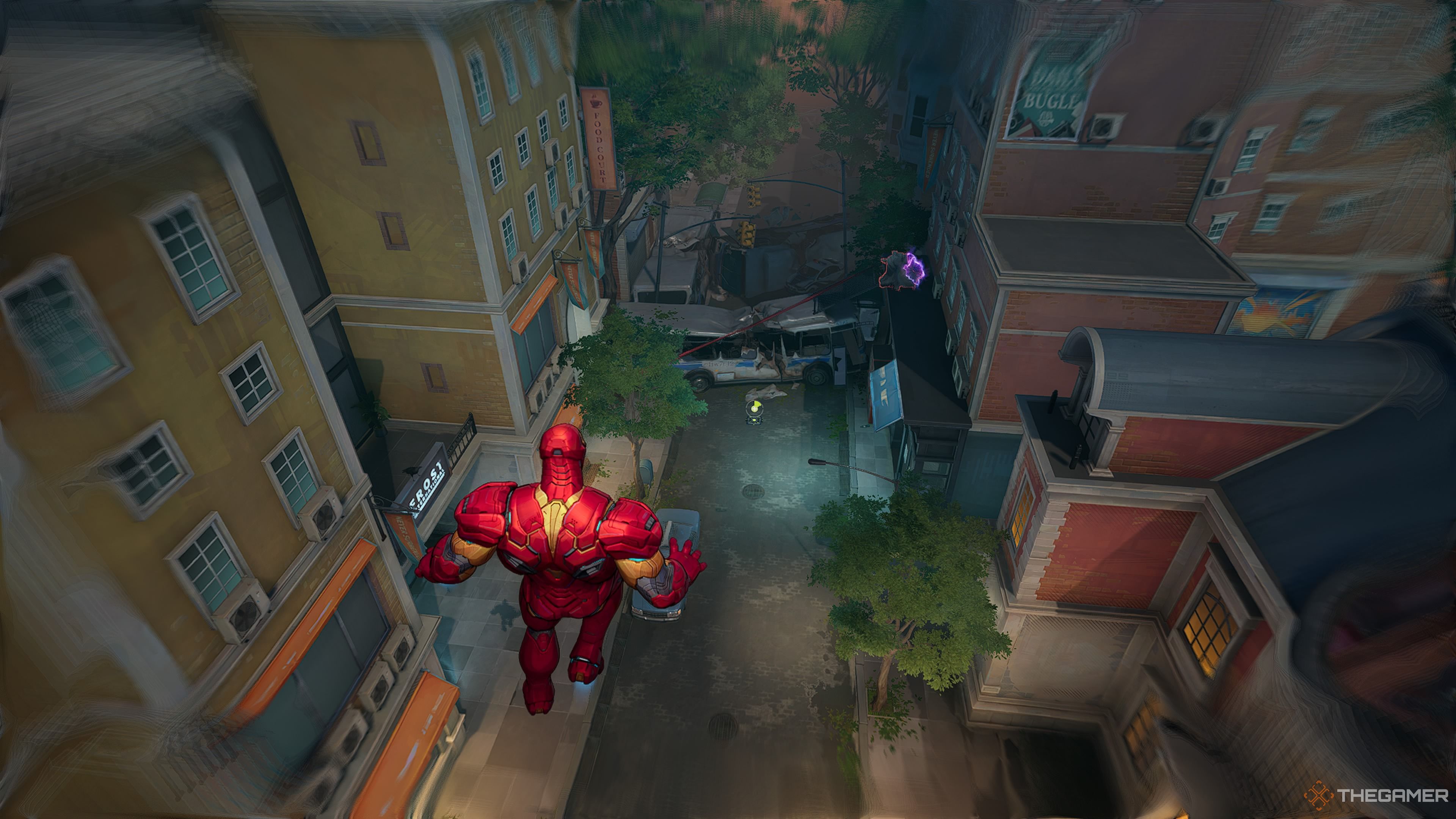 An image showing Iron Man flying above the streets in a Doom Match. Clock & Dagger can be seen battling against another player in the background.