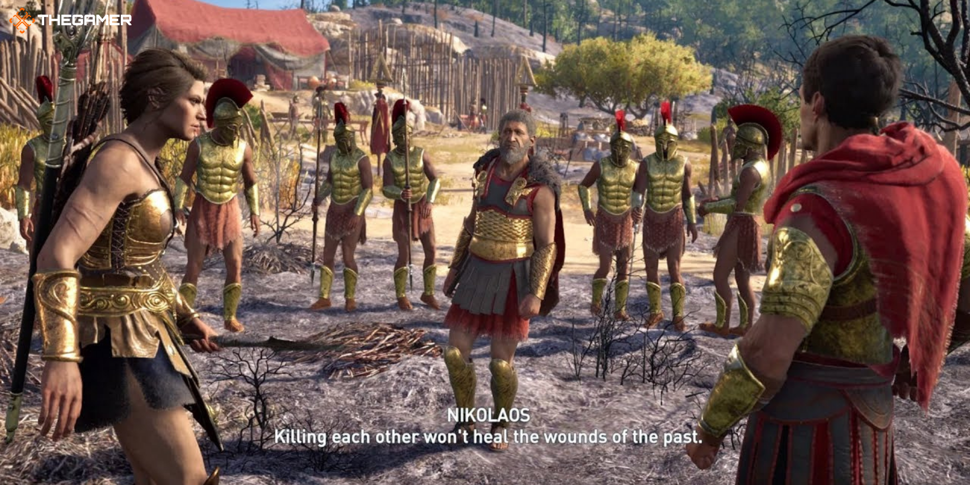 Nikolaos stops Stentor from attacking Kassandra in Assassin's Creed Odyssey.