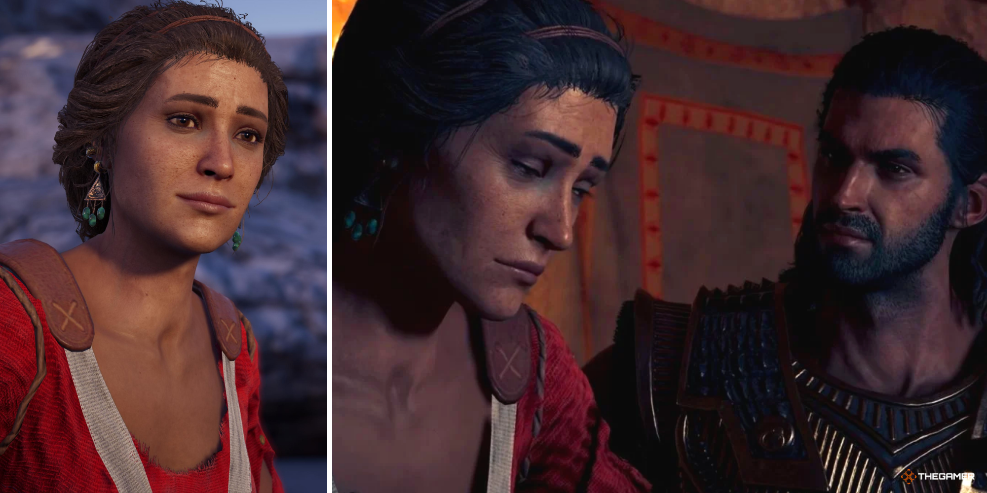 Ending where Myrrine Survives on right, Myrrine smiling on left in Assassin's Creed Odyssey.