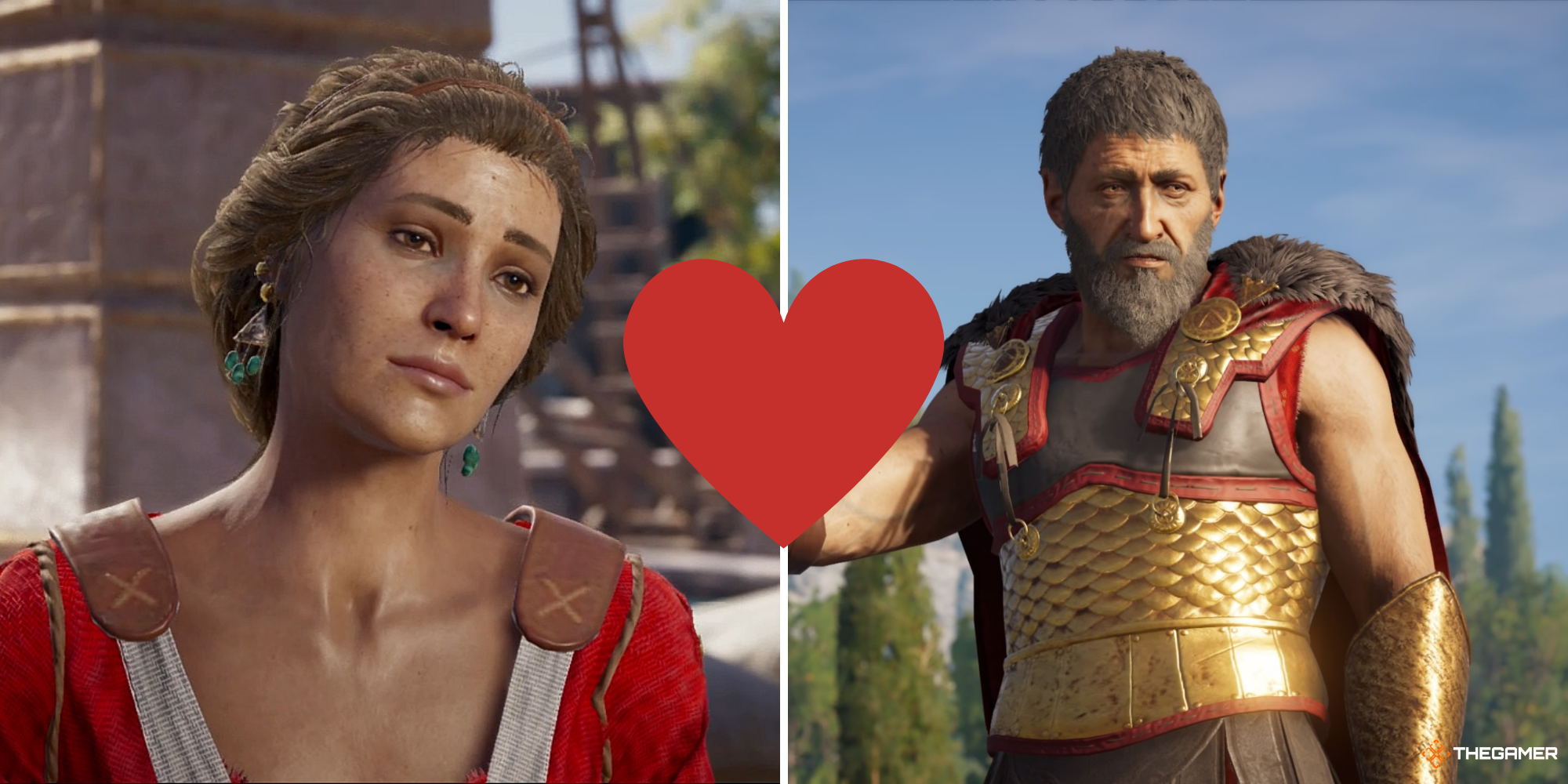 Myrrine on left, Nikolaos on right in Assassin's Creed Odyssey.