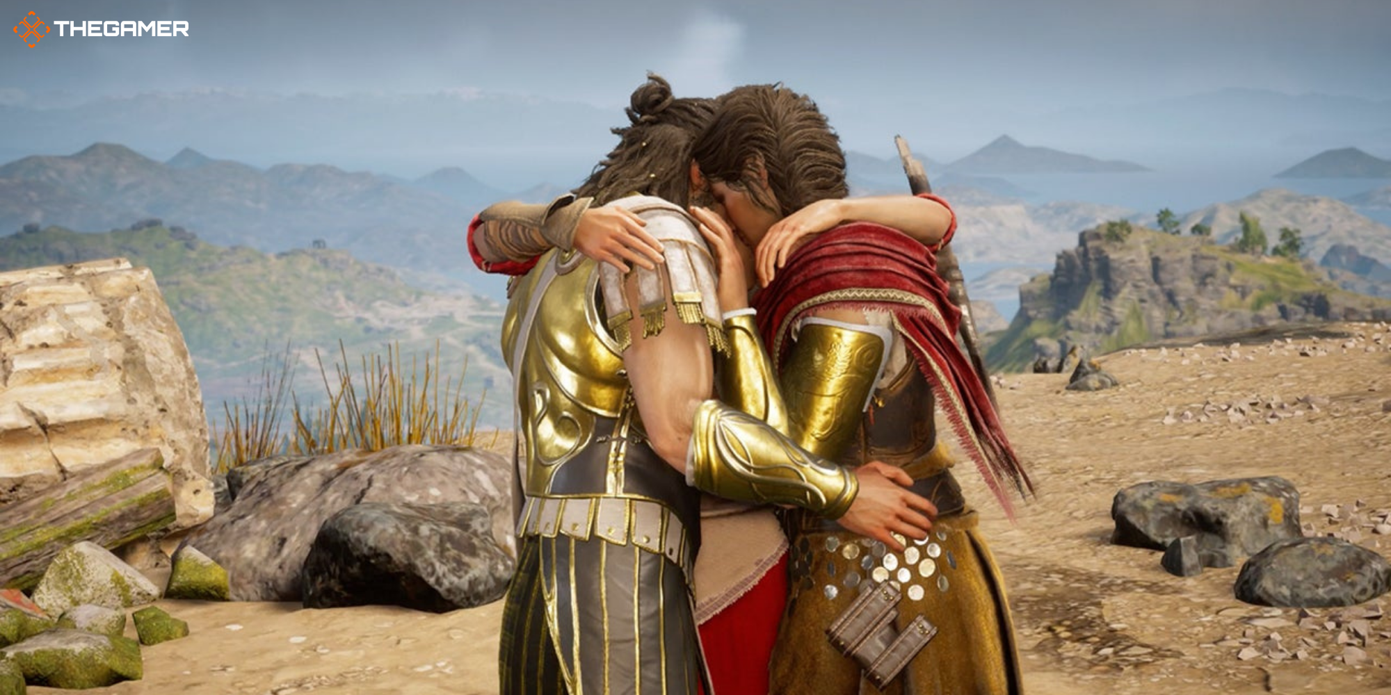 Family Hug between Kassandra, Deimos, and Myrrine in Assassin's Creed Odyssey.