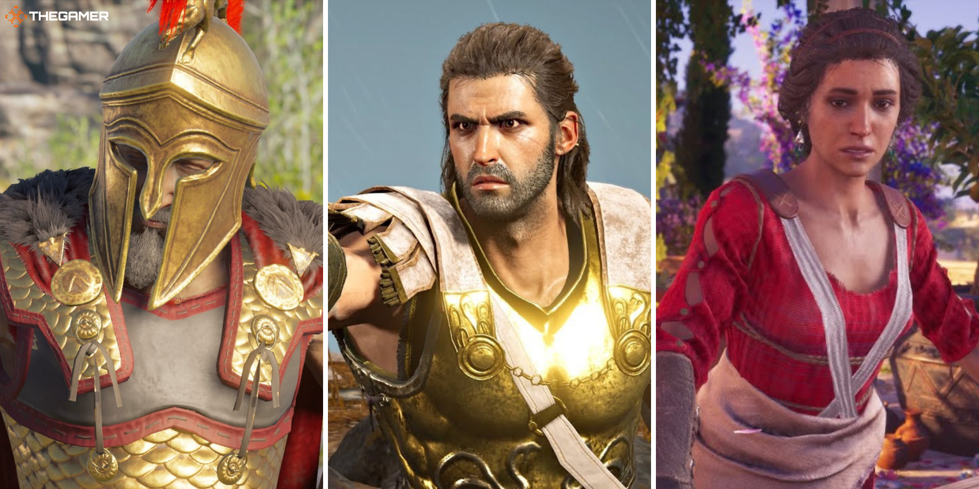 Nikolaos on left, Deimos in centre, Myrrine on right in Assassin's Creed Odyssey.