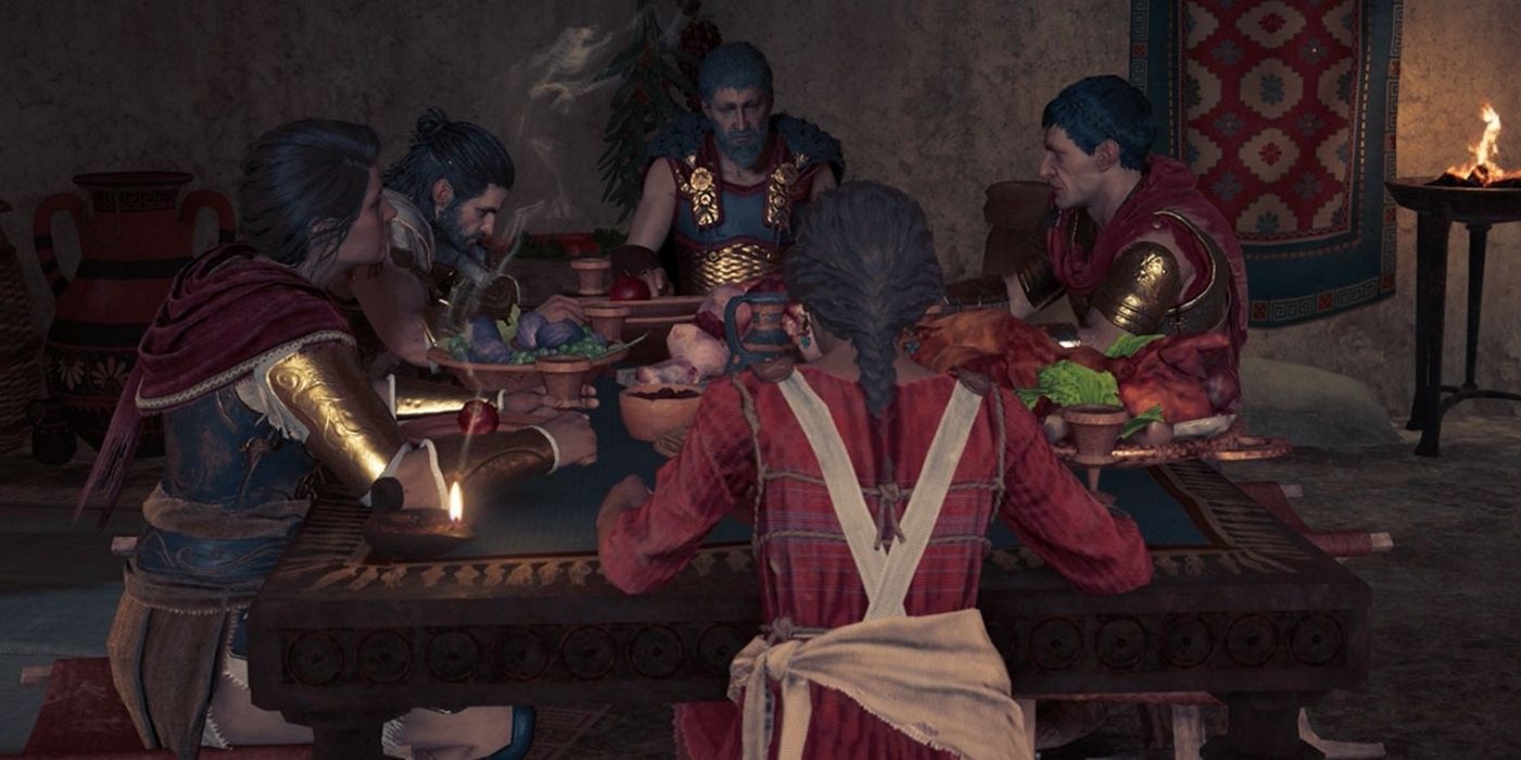 Dinner Scene featuring Myrrine, Stentor, Deimos, Kassandra, and Nikolaos in Assassin's Creed Odyssey.