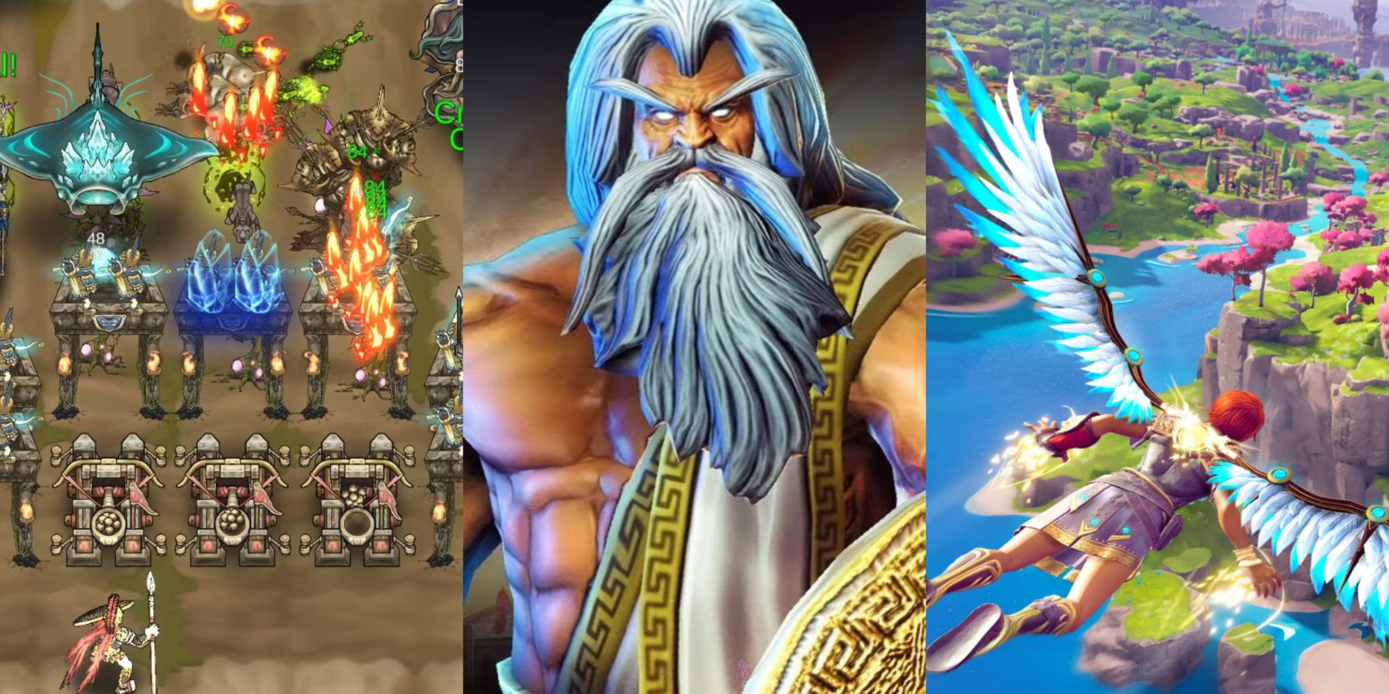 Split images of Legendary Hoplite, Smite, and Immortals Fenyx Rising