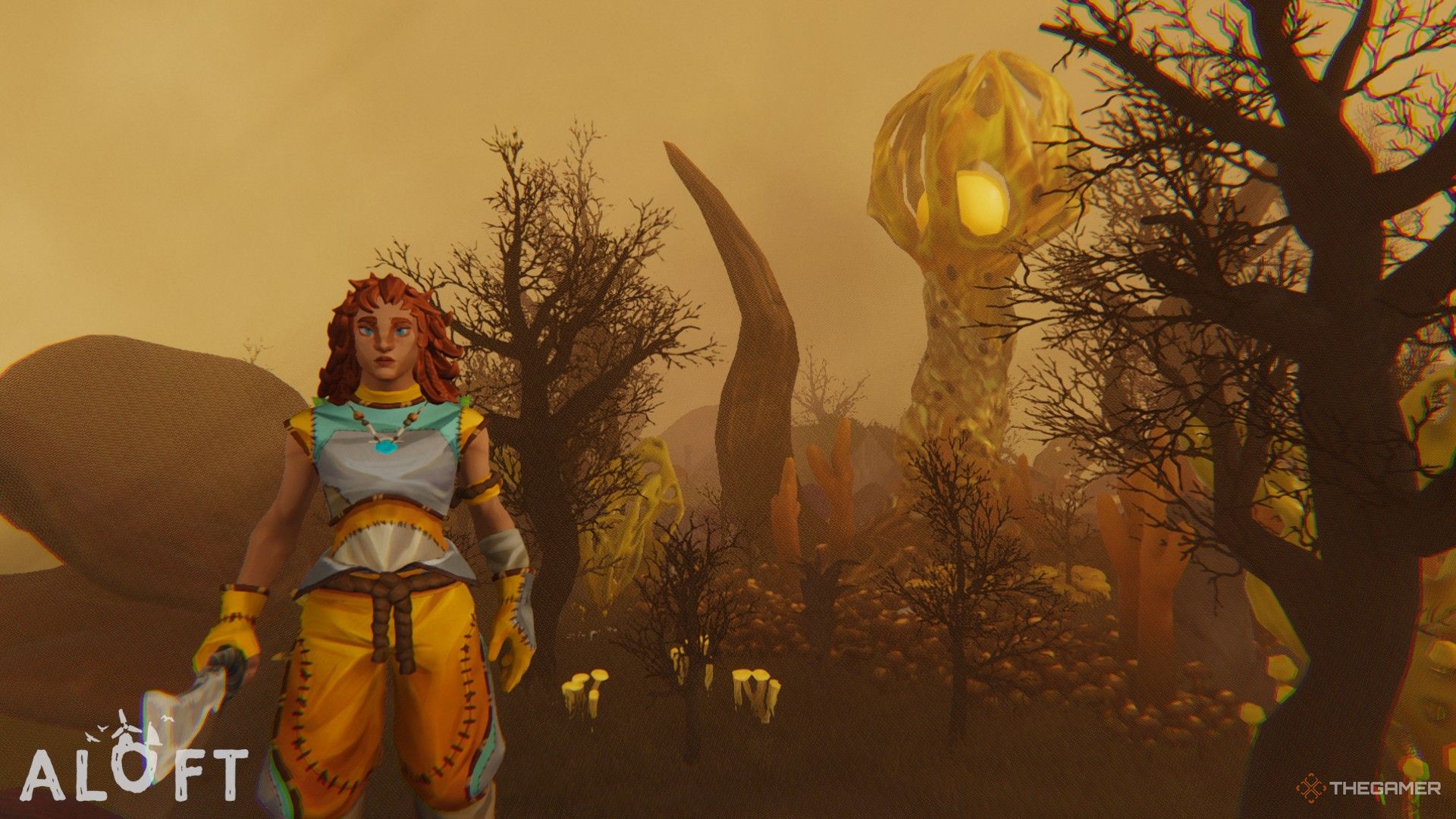 A player with a blade on a corrupted planet in Aloft.