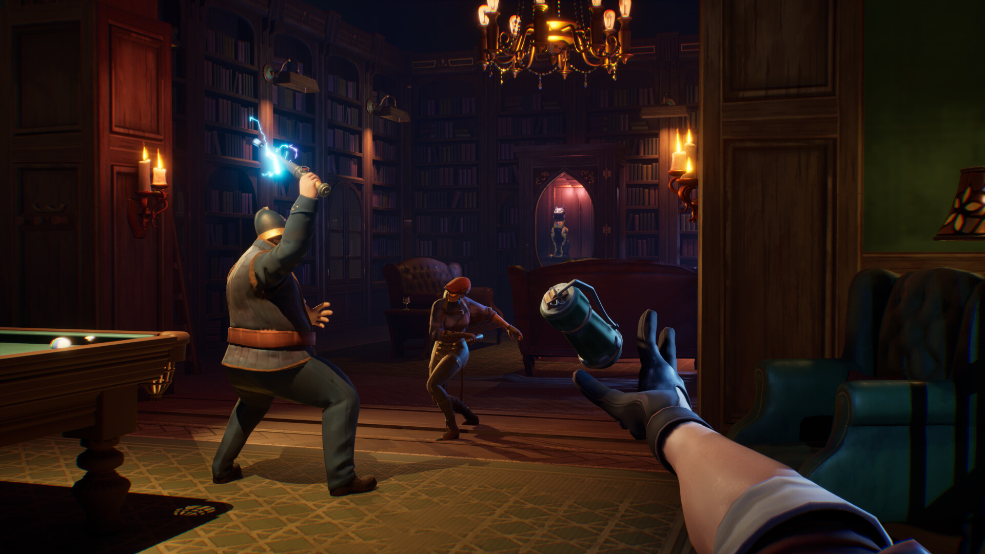 A Thick as Thieves screenshot showing someone throwing a flashbang between a guard and a thief who are fighting