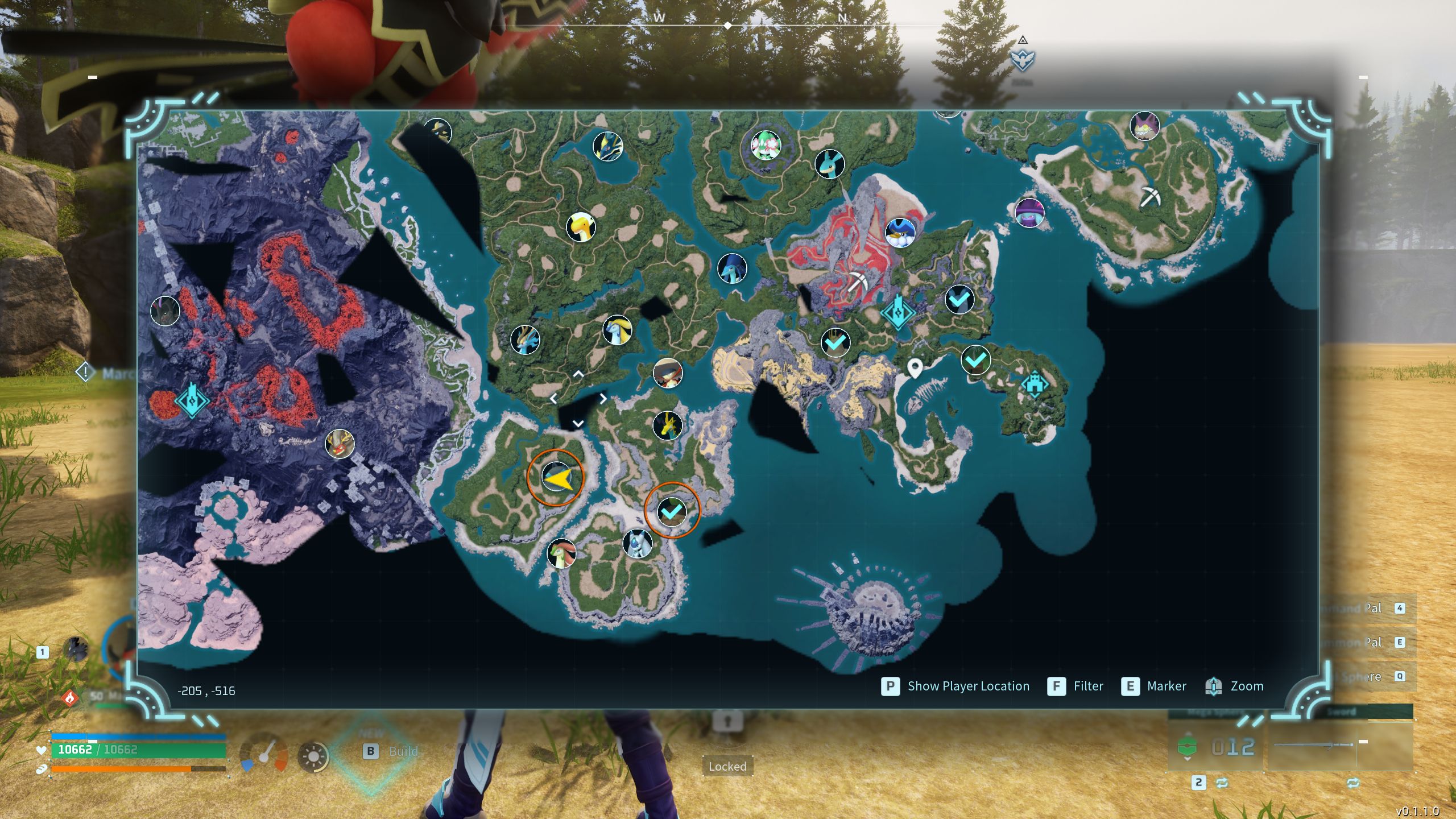 A circle on the map showing the location of both Sweepa and Gunmoss pal boss fight Palworld