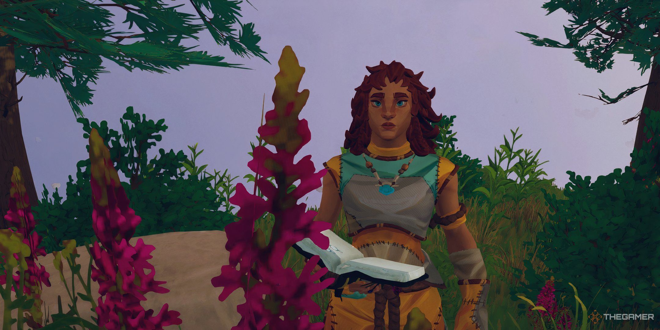 A character holding a Field Guide amid flowers and trees in Aloft.