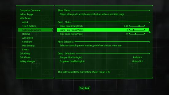Best Fallout 4 mods: The mod configuration menu of Fallout 4, featuring companion commands, helmet toggle, sliders, and more.