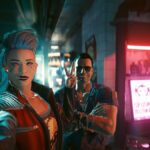 Cyberpunk 2077 screenshot of female V taking a selfie with Viktor Vektor in his cyberware shop