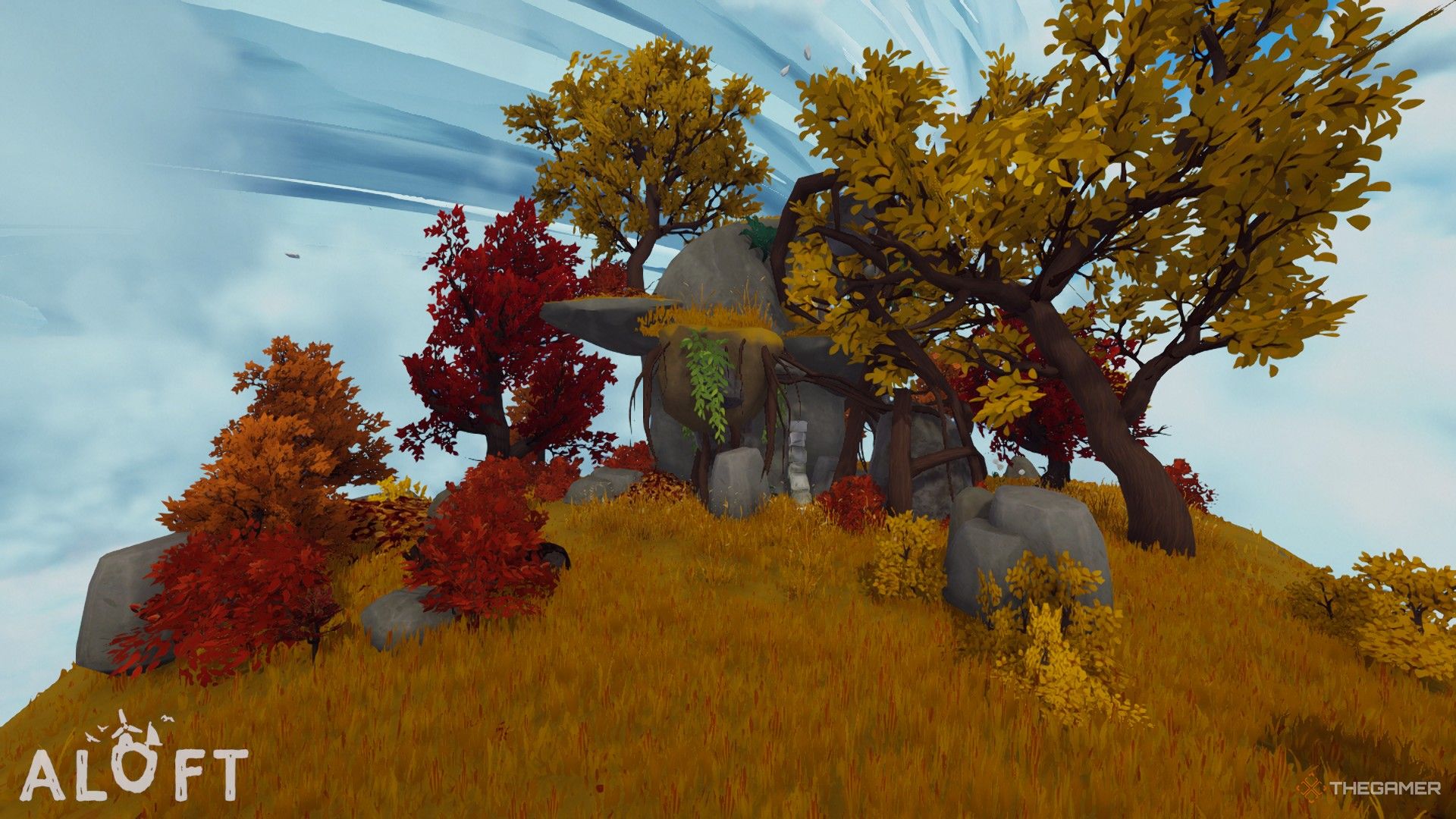 A cluster of trees and rocks in Fallen Heights in Aloft.