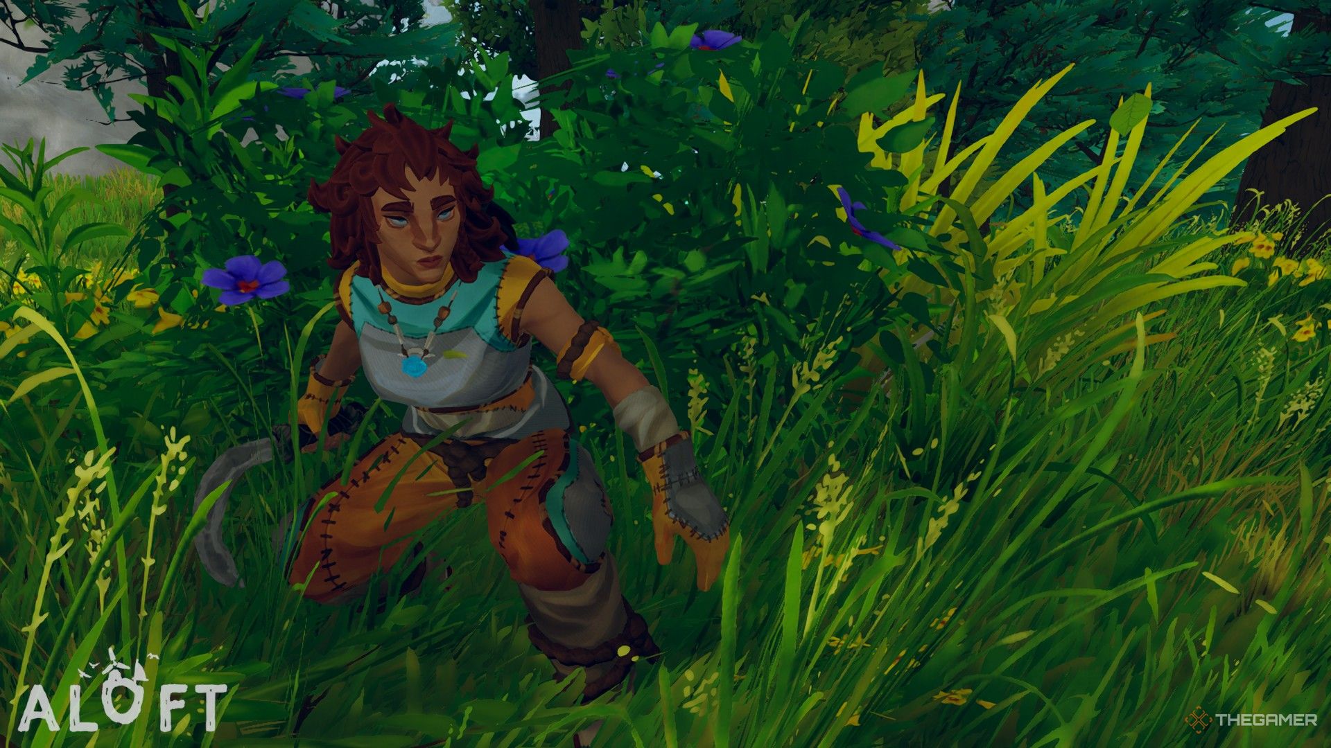 A charactewr standing with Emerald Isles plants holding a scythe in Aloft.