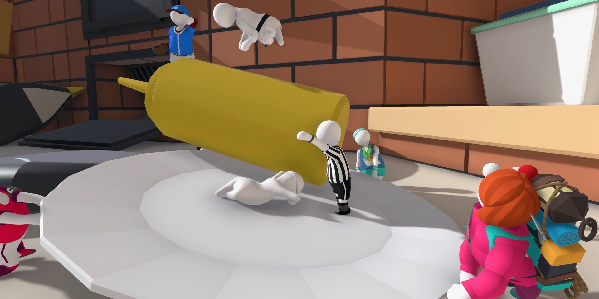 A bunch of Human Fall Flat characters surrounding a giant mustard bottle