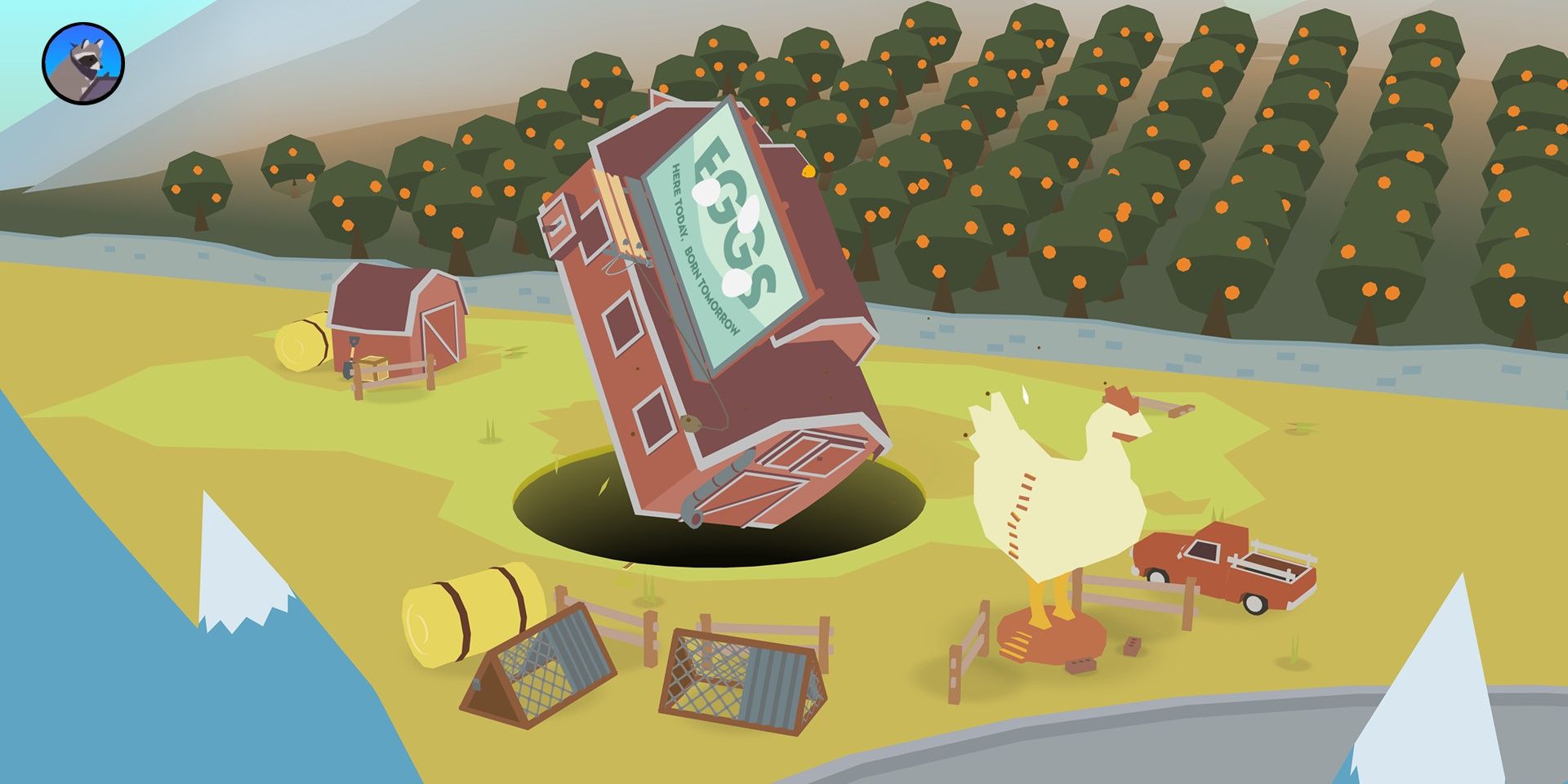 Farm with the sign "EGGS" swallowed up in a large hole in Donut County