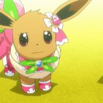 Eevee looks nervous in a costume in an episode of the Pokemon anime