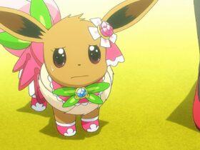 Eevee looks nervous in a costume in an episode of the Pokemon anime