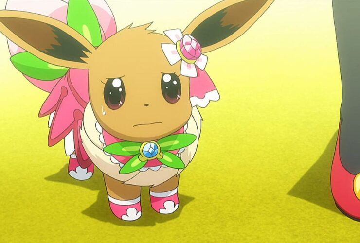 Eevee looks nervous in a costume in an episode of the Pokemon anime