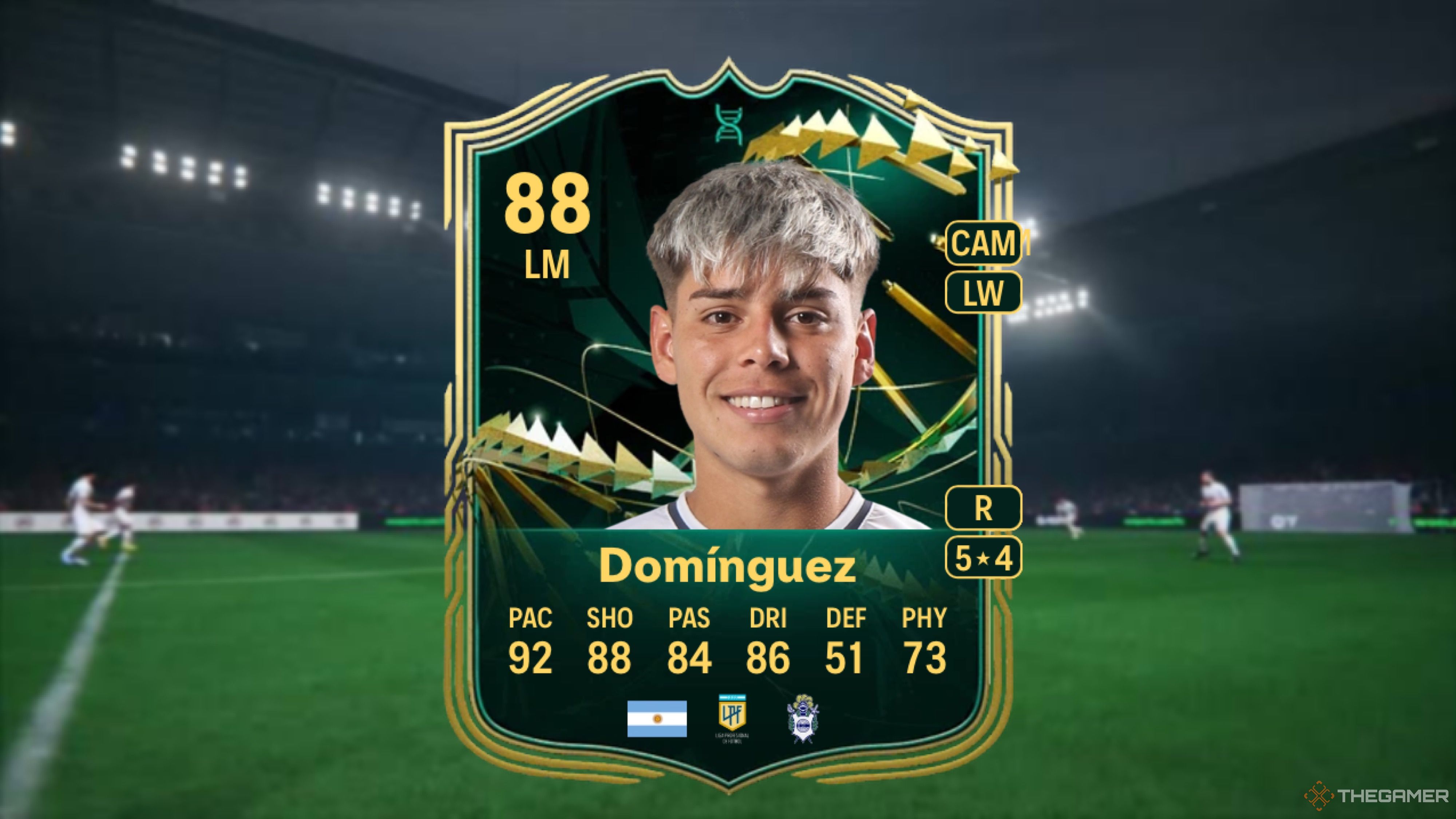 Image showing Domínguez card against a faded stadium background.