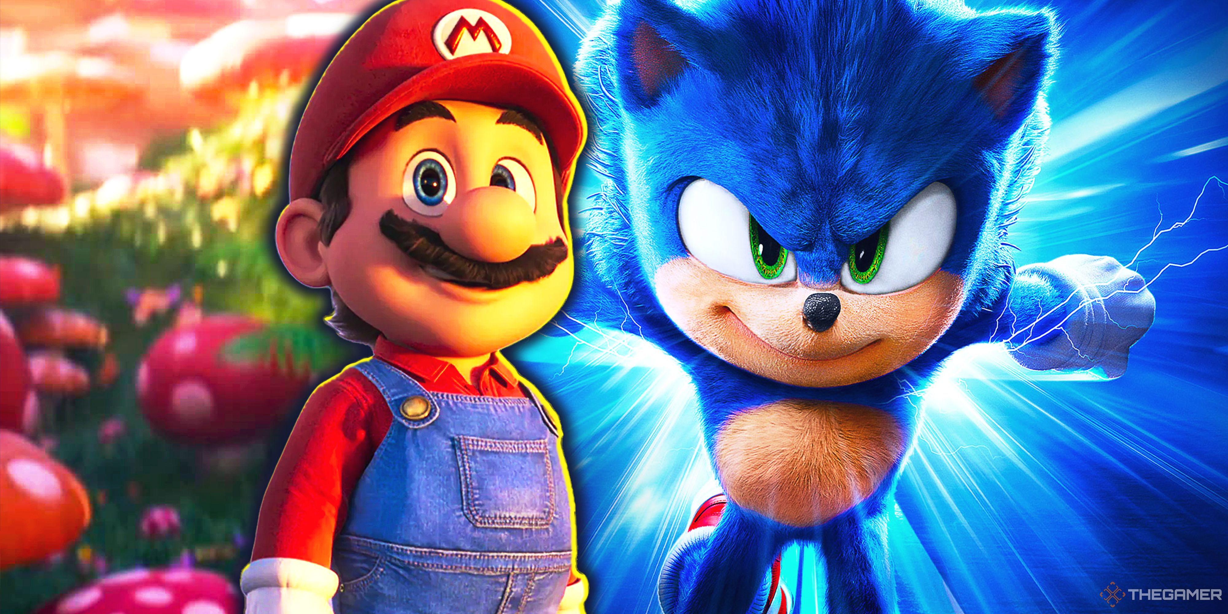 Split image with Mario and Sonic from their respective movies.