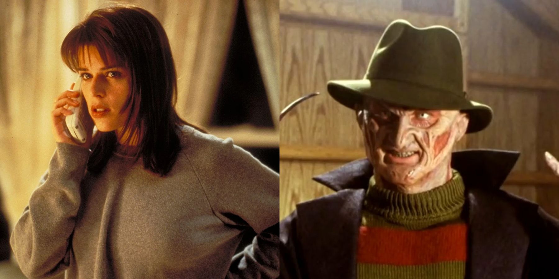 Split image of Sidney Prescott (Neve Campbell) in Scream and Freddy Krueger in Wes Craven's New Nightmare