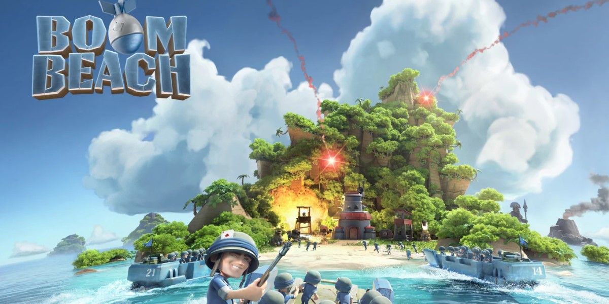 Boom Beach title image with troops going toward the island on boats.