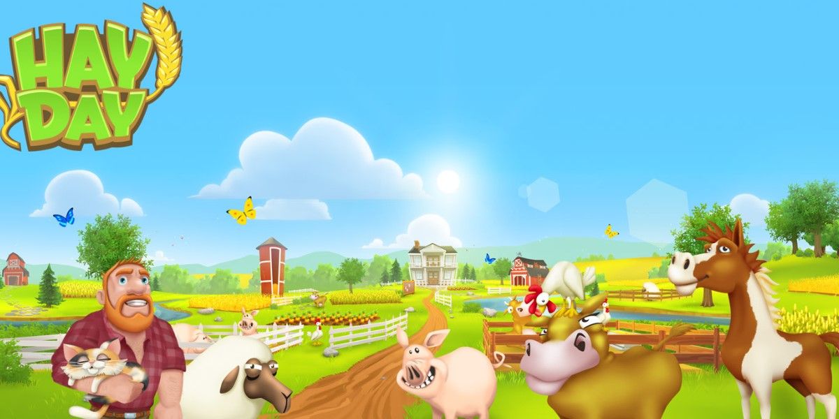 Hay Day title image with farm in the background and animals looking at the screens.