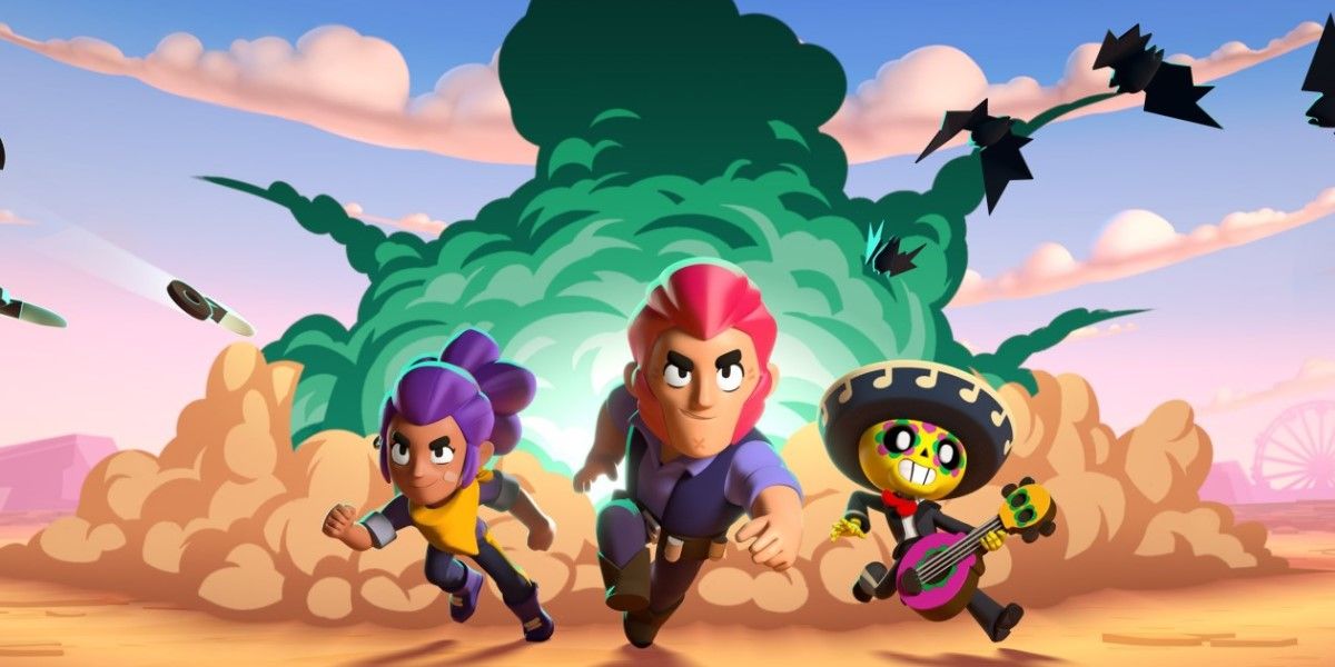 Brawl Stars title image with three brawlers running forward while there's an explosion on the back.