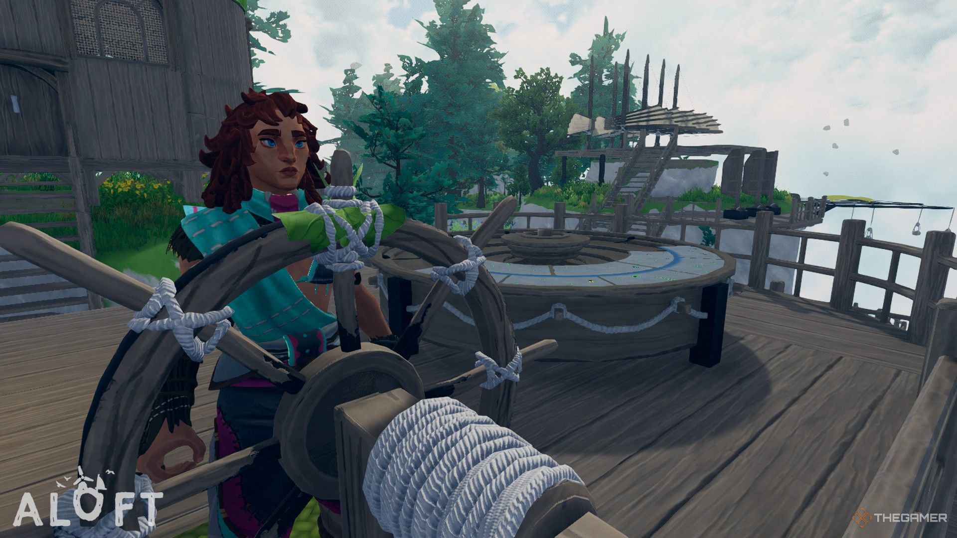 A character steering an island at the helm with a map table just beside her.