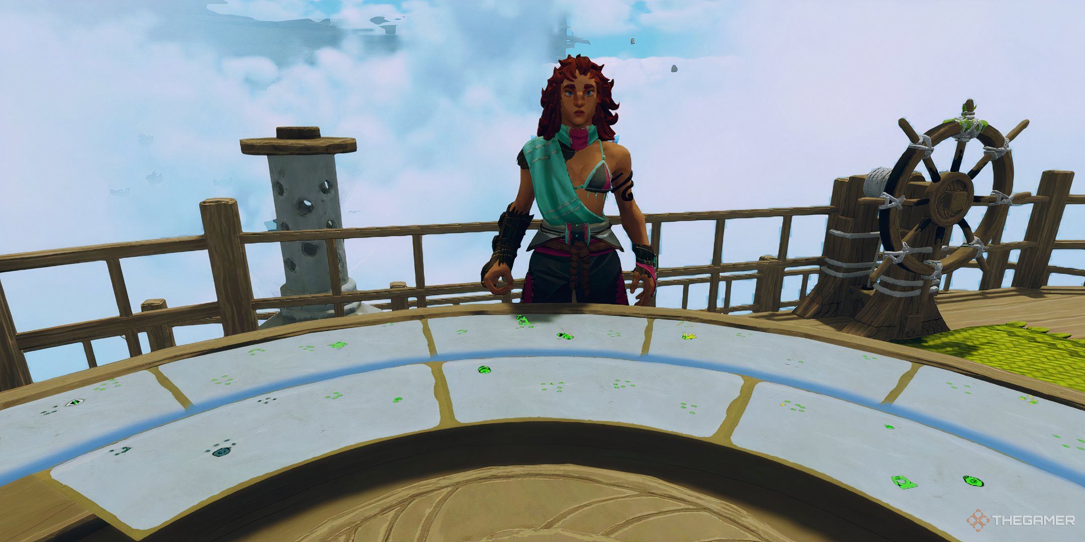 A character in Aloft near the helm of the ship looking over the map table at unlocked sectors.